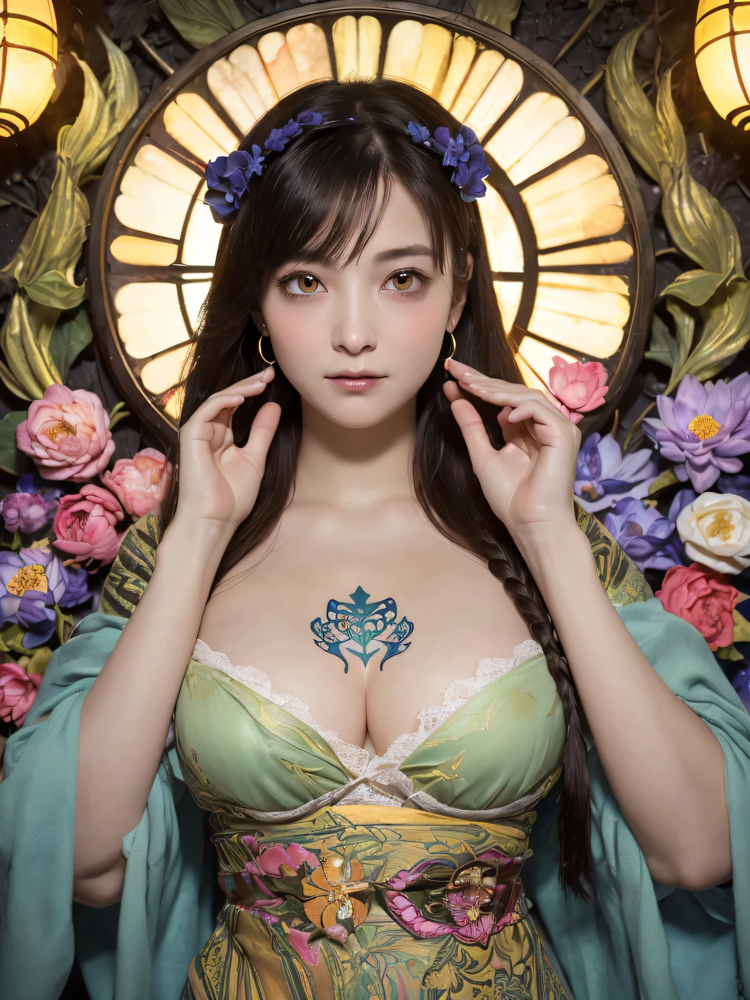 (sfw:1.5)、High resolution symmetrical images, 21 years old, Japan, Movie photo with tattoos on waist, chest and arms, Cleavage、((Close-up face:1.1))、Upper body portrait、(((Full body tattoos)))、 (Lotus tattoo)、 ((Close-up chest:1.5, Underarm, 胸のAngle from below)), Blonde braids, short hair, ((Art Nouveau)), (Ecstasy Face), (Alphonse Mucha), Small earrings, ((Darkness of the night)), Angle from below、(Anatomically correct fingers)、(Perfect body proportions)、(Natural Hands、Natural Fingers)、(Breast Goddess, Woman born from flowers, ((Round face)), Realistic Eye Size, Droopy eyes, smile,Bathed in the moonlight、Big Eyes、Droopy eyes