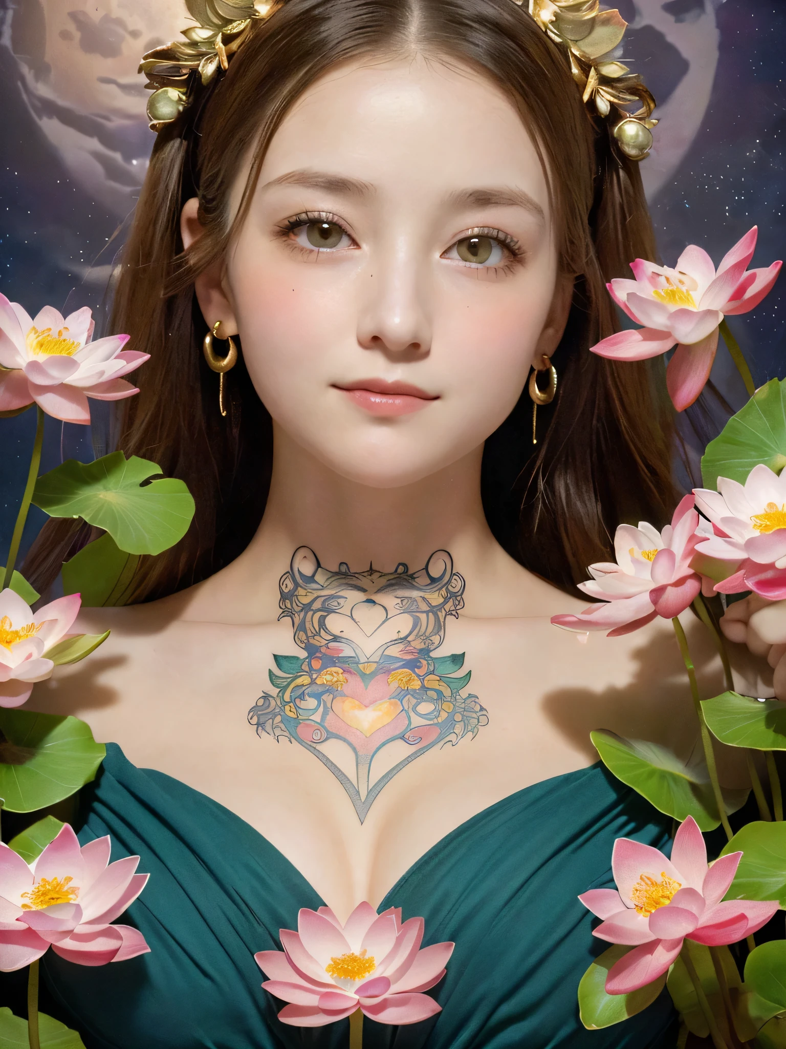 (sfw:1.5)、High resolution symmetrical images, 21 years old, Japan, Movie photo with tattoos on waist, chest and arms, Cleavage、((Close-up face:1.1))、Upper body portrait、(((Full body tattoos)))、 (Lotus tattoo)、 ((Close-up chest:1.5, Underarm, 胸のAngle from below)), Blonde braids, short hair, ((Art Nouveau)), (Ecstasy Face), (Alphonse Mucha), Small earrings, ((Darkness of the night)), Angle from below、(Anatomically correct fingers)、(Perfect body proportions)、(Natural Hands、Natural Fingers)、(Breast Goddess, Woman born from flowers, ((Round face)), Realistic Eye Size, Droopy eyes, smile,Bathed in the moonlight、Big Eyes、Droopy eyes