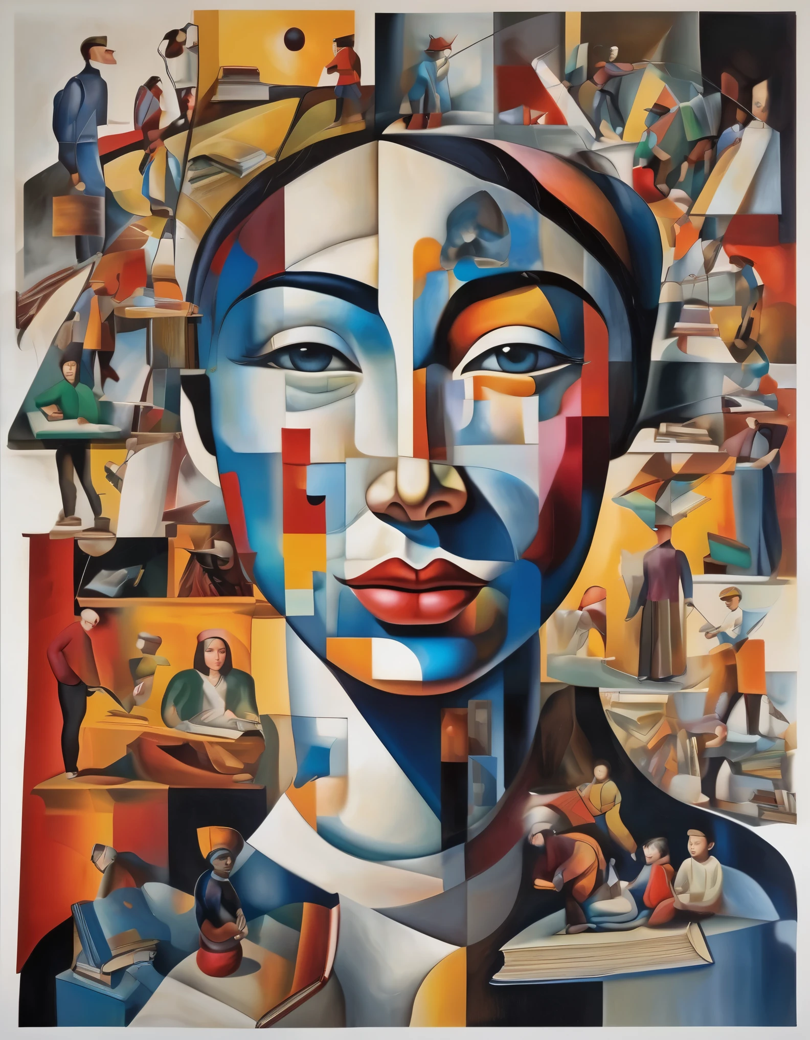 Hyper-realistic amalgamation of images from great modern painters with other torn surreal images, body parts are replaced by cubist art effects, all sensitive parts of bodies are blurred by movement, Yes yes style, Super detailed Bauhaus Style, Studio quality, 48k / high definition, Normal Contrast, Hyper realistic shadows, octane rendering, sharp focus, bring the theme of Historical-cultural education, empathy, community, importance of community and care for education, worker, single mother, children at school , books, notebooks, school supplies, students, teachers, workers, the world surrounded by books,