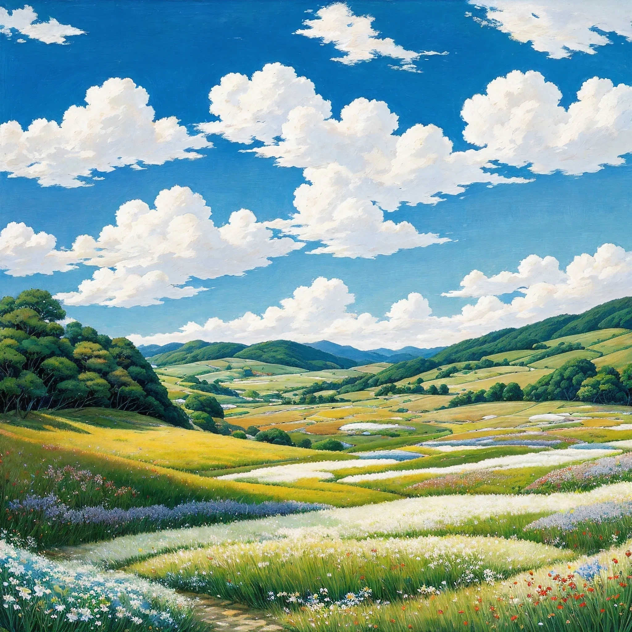 Realistic, authentic, beautiful and amazing landscape oil painting Studio Ghibli Hayao Miyazaki's petal grassland with blue sky and white clouds