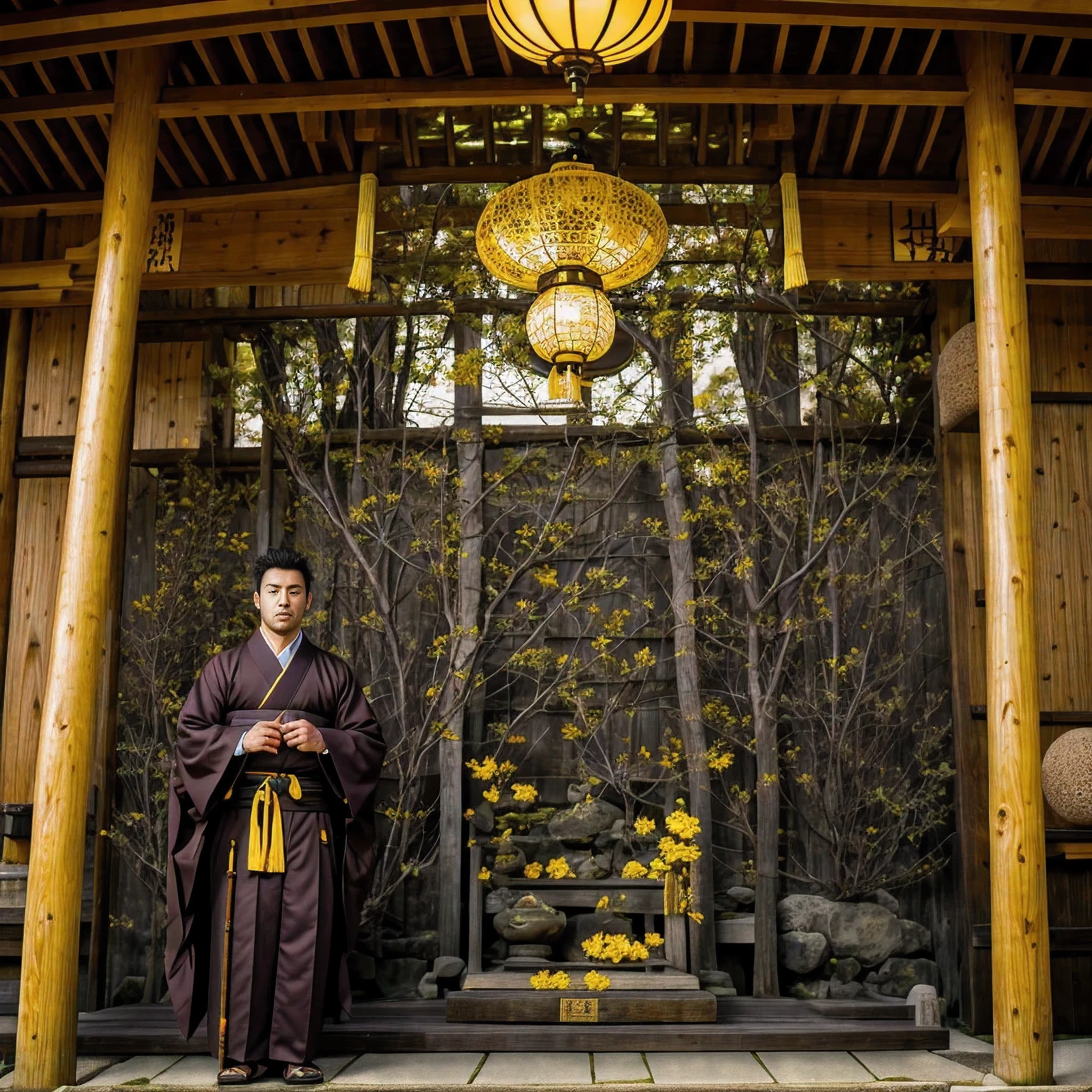 masterpiece, best quality, highres, muramasa, traditional Japanese shrine,  solo, handsome, yellow eyes,