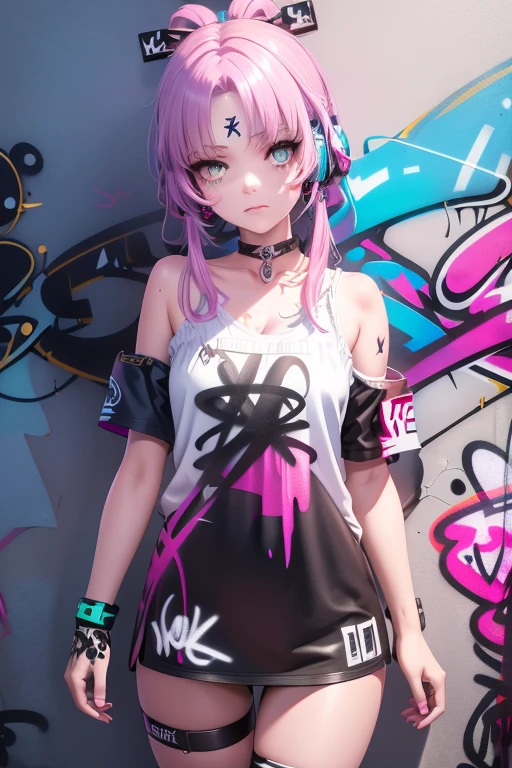 1girl, solo, casual outfit, choker, (graffiti:1.5), paint splatter, against wall, looking at viewer, armband, thigh strap, head tilt, bored, multicolored hair, aqua eyes, headset, dramatic, (Highly detailed), (high resolution), (Best quality), (masterpiece)