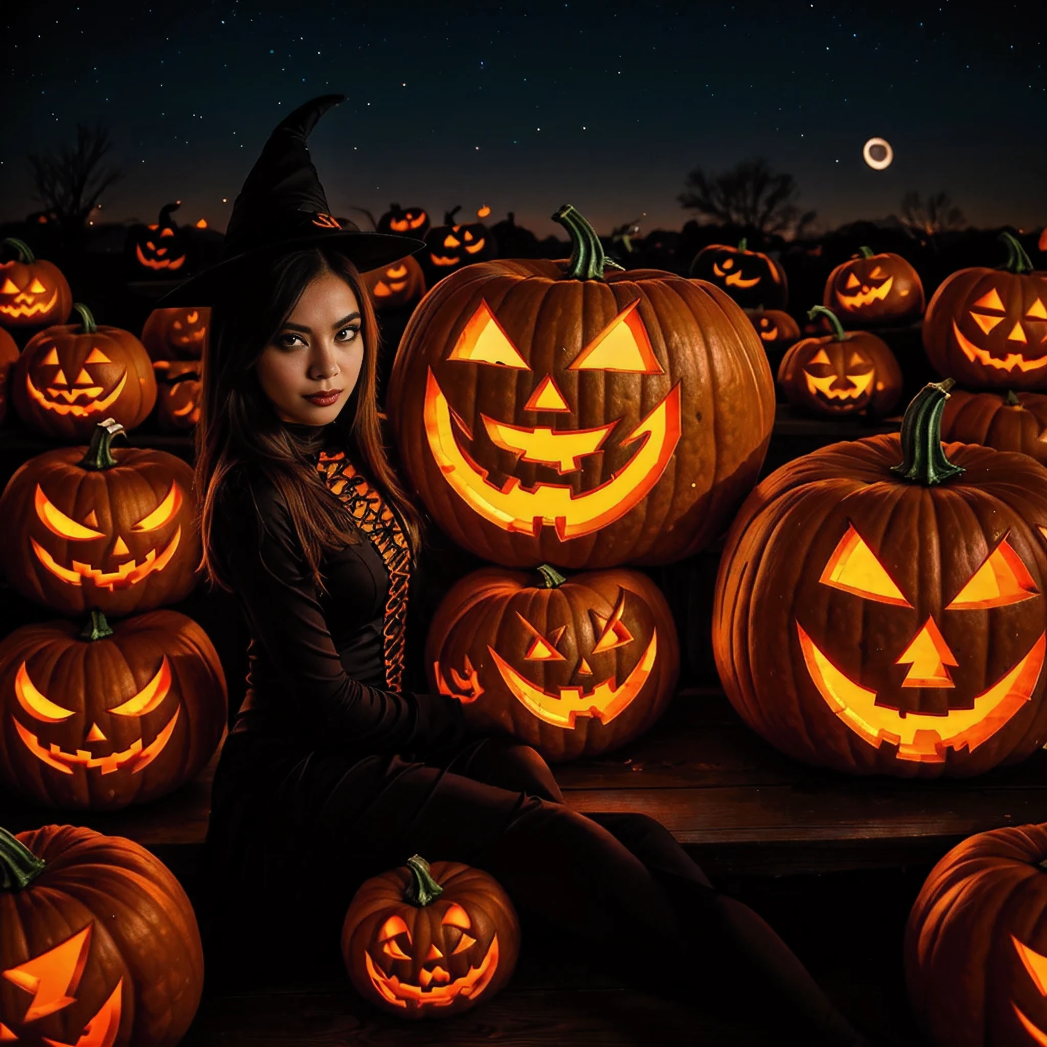 (extremely detailed CG unity 8k wallpaper),(masterpiece), (best quality), (ultra-detailed), (best illustration),(best shadow), (sharp eyeliner, eyeshadow, detailed eyes:1.1), (halloween, night sky, jack-o'-lantern, :1.1), ,BREAK, (vectorhalloween:1.2), ,  