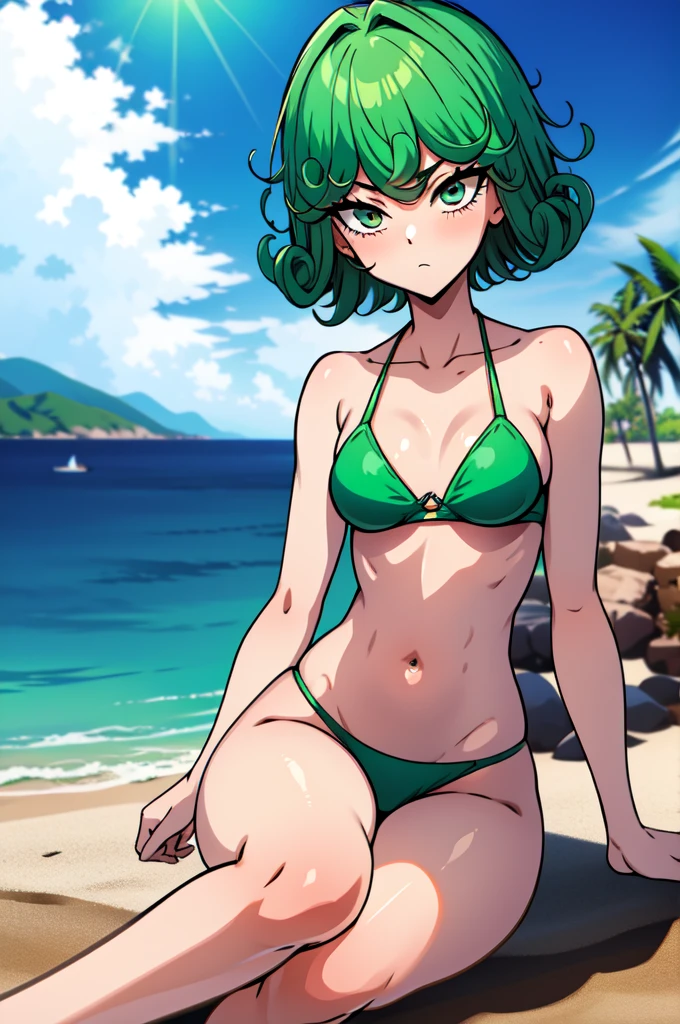 absurdres, highres, ultra detailed, tatsumakitornado, short green hair, curly hair, green bikini, , outdoors, from below, looking away, green eyes ,full body ,looking at viewer, blushing ,sitting on the sand, on date