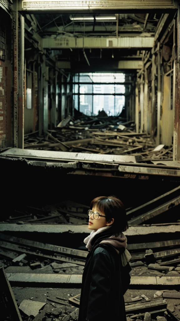 subway,Showa,Collapse,Devastation,Inside the ruins,Glasses,Women,adventure,Black and White,