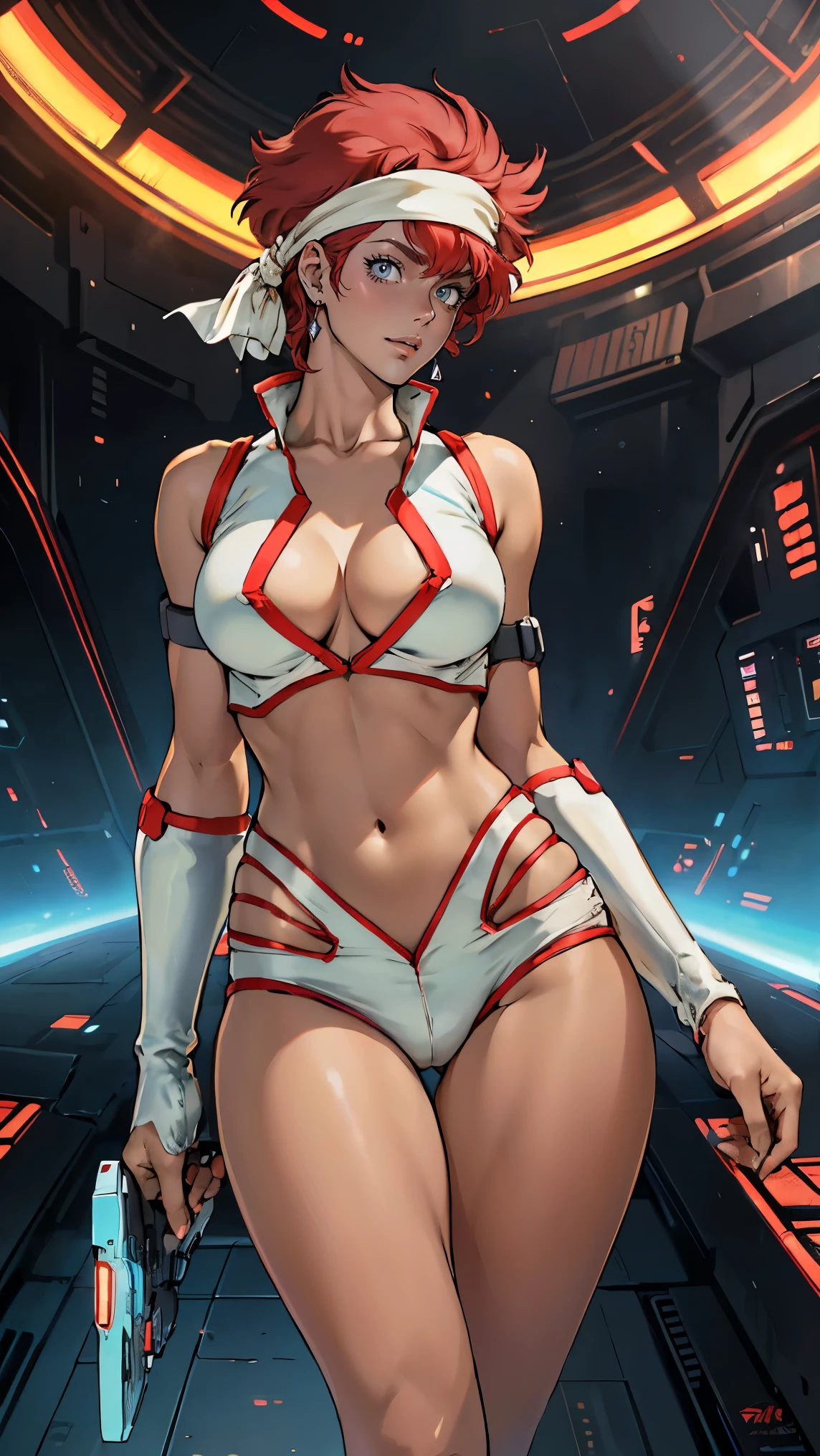 ((Masterpiece, highest quality; 1.3)), super quality, beautiful detail, super detailed, extra fine, 16K, exquisite, absurd, high resolution, beautiful background, detailed background, beautiful eyes, beautiful skin, anime style, Kay from Dirty Pair in a white outfit, tight outfit, cleavage, bushy redhead beauty, very light blue uniform, wearing tight clothes, skimpy, (mid chest: 1.2), cleavage, cleavage, slim waist , thin waist, slim thighs, thin legs, slim legs. thigh gap, showing stomach, skinny, thin hips, cyberpunk city background, retro space gun holding, headband, 