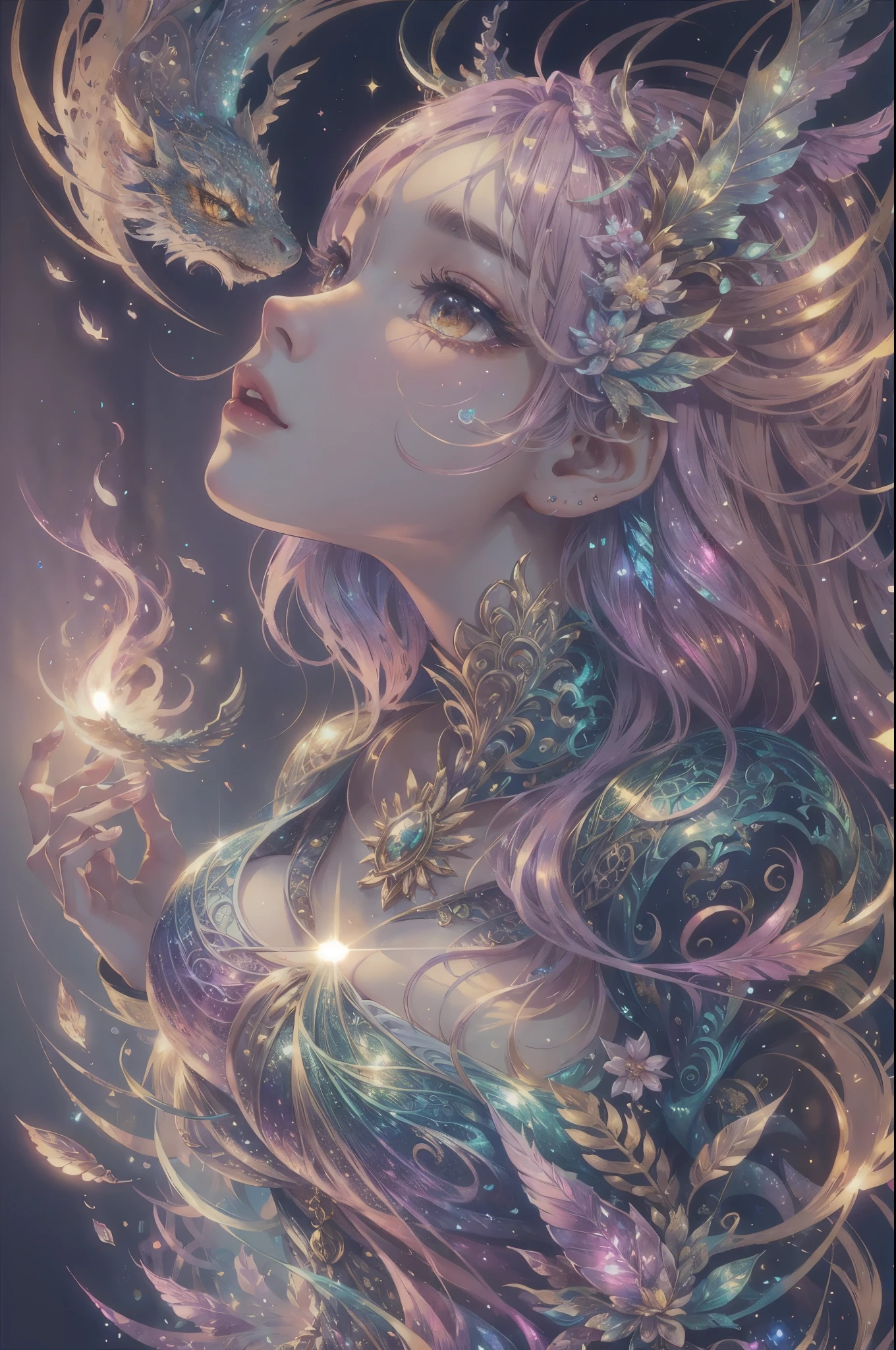 This is a highly detailed and semi-realistic fantasy art image with beautiful layers of shimmer, glimmering silks, and a glittering aesthetic. Create a beautiful and bold dragon woman. She should have intricate and elegant horns, detailed and multi-colored scales, and a striking face. Her eyes are highly detailed with natural shading and realistic details. Include small and ornate details like smaller dragons and bright feathers. Use soft pastel hues with unexpected pops of bright color. Use compelling composition techniques and fantasy lighting to create a cinematic and unforgettable atmosphere. (((masterpiece))), (((best quality))), ((ultra-detailed)), (highly detailed CG illustration)