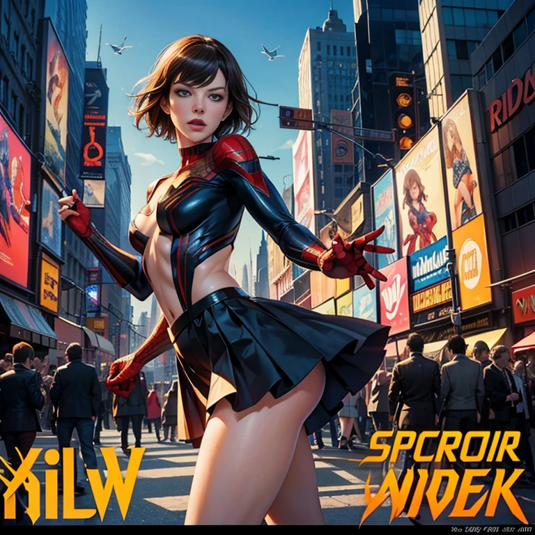 Milla Jovovich、マーベル・コミック映画のPoster, Very beautiful, Movies about Spiderman, sexy, whole body, I'm wearing a skirt、Premiere date, Poster、belly buttonを突き出す、new york、She&#39;s wearing a torn Spider-Man suit,The suit is torn、Wearing a skirt、 Red and black color scheme,dynamic、masterpiece、highest quality、Ultra-detailed、Very detailed、A delicate and beautiful shine、超A high resolution、Cinematic,Break,Breakdrop,(Torn clothes:1.5), (Wet clothes:1.4), Bare shoulders,Real Rain,Wet Hair,belly button、Exposing Skin、sexyな肩を見せてる