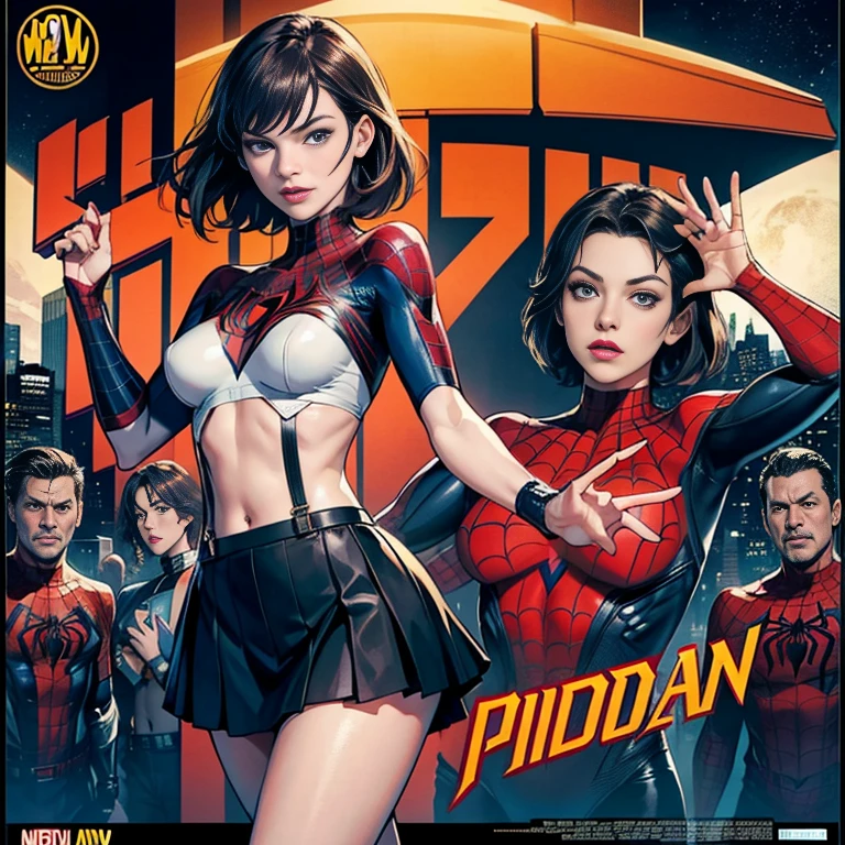 Milla Jovovich、マーベル・コミック映画のPoster, Very beautiful, Movies about Spiderman, sexy, whole body, I'm wearing a skirt、Premiere date, Poster、belly buttonを突き出す、new york、She's wearing a torn Spider-Man suit,The suit is torn、Wearing a skirt、 Red and black color scheme,dynamic、masterpiece、highest quality、Ultra-detailed、Very detailed、A delicate and beautiful shine、超A high resolution、Cinematic,Break,Breakdrop,(Torn clothes:1.5), (Wet clothes:1.4), Bare shoulders,Real Rain,Wet Hair,belly button、Exposing Skin、sexyな肩を見せてる