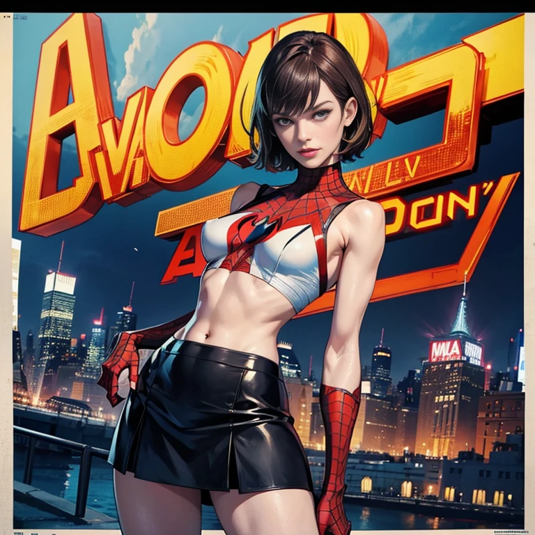 Milla Jovovich、マーベル・コミック映画のPoster, Very beautiful, Movies about Spiderman, sexy, whole body, I'm wearing a skirt、Premiere date, Poster、belly buttonを突き出す、new york、She's wearing a torn Spider-Man suit,The suit is torn、Wearing a skirt、 Red and black color scheme,dynamic、masterpiece、highest quality、Ultra-detailed、Very detailed、A delicate and beautiful shine、超A high resolution、Cinematic,Break,Breakdrop,(Torn clothes:1.5), (Wet clothes:1.4), Bare shoulders,Real Rain,Wet Hair,belly button、Exposing Skin、sexyな肩を見せてる