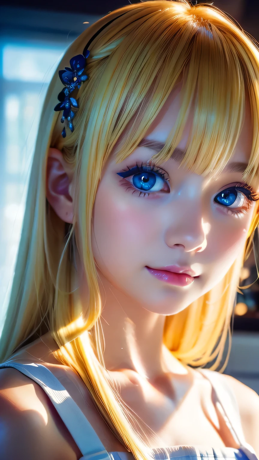 (Close-up:1.4)、(RAW shooting:1.2)、(Photorealistic:1.4)、(masterpiece:1.3)、(highest quality:1.4)、Bright expression、very beautiful blonde girl、Extraordinary blonde beauty、Detailed cute and beautiful face、Beautiful bangs、Shiny white glossy skin、Facial hair、Bangs that reach the face、Bangs between the eyes、Super long blonde hair、Glamorous bright natural platinum blonde super long straight silky hair、Thin Hair、Attractive shining beautiful bright clear light blue big eyes、White Apron、Yellow dress、eyeliner、Double eyelids、Ample Bust、Upper body、