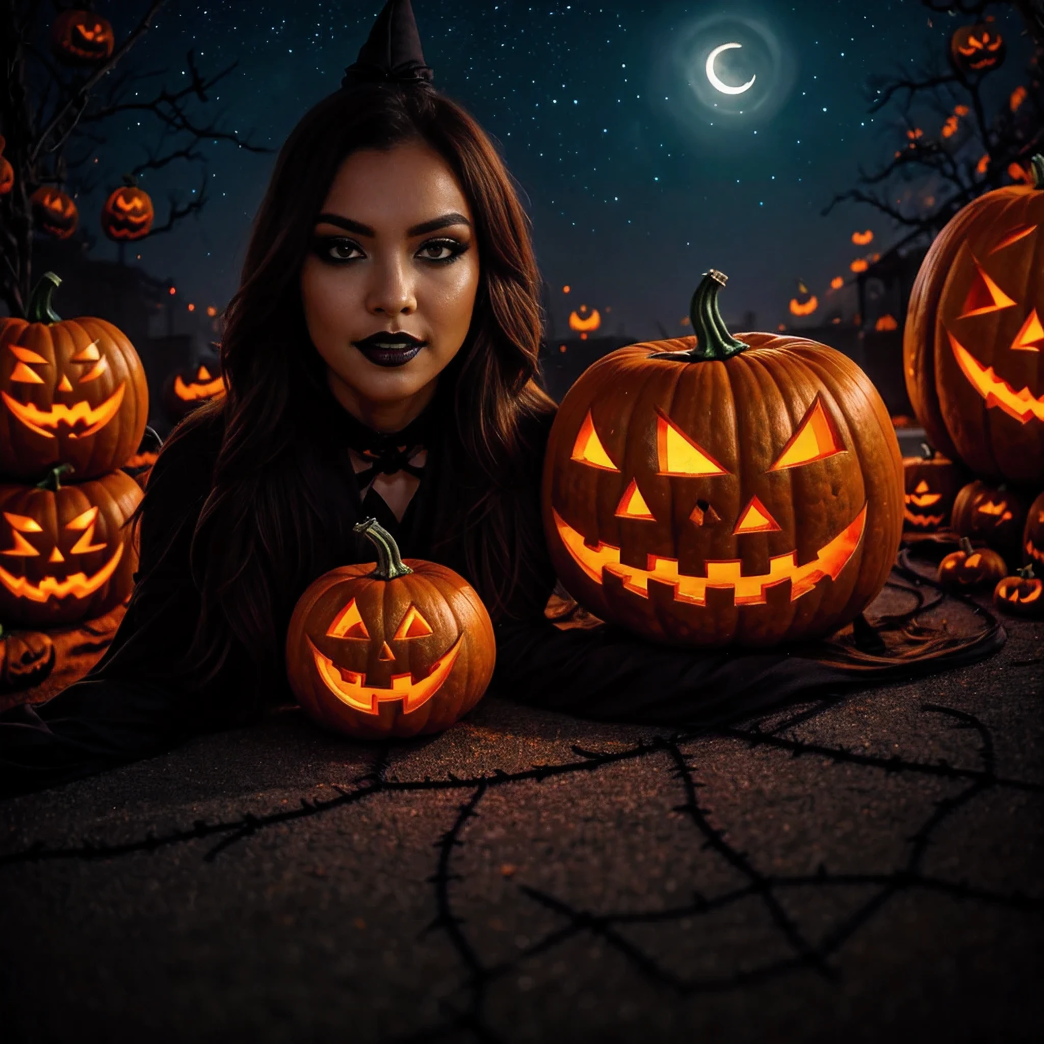 (extremely detailed CG unity 8k wallpaper),(masterpiece), (best quality), (ultra-detailed), (best illustration),(best shadow), (sharp eyeliner, eyeshadow, detailed eyes:1.1), (halloween, night sky, jack-o'-lantern, :1.1), ,BREAK, (vectorhalloween:1.2), ,  