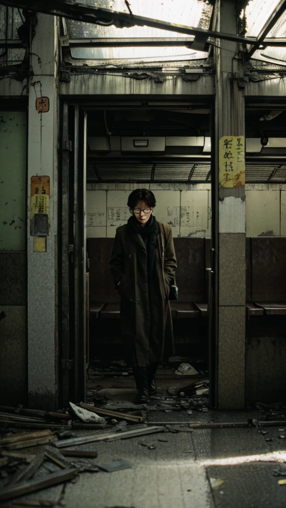 subway,Showa,Collapse,Devastation,Inside the ruins,Glasses,Women,adventure,Black and White,