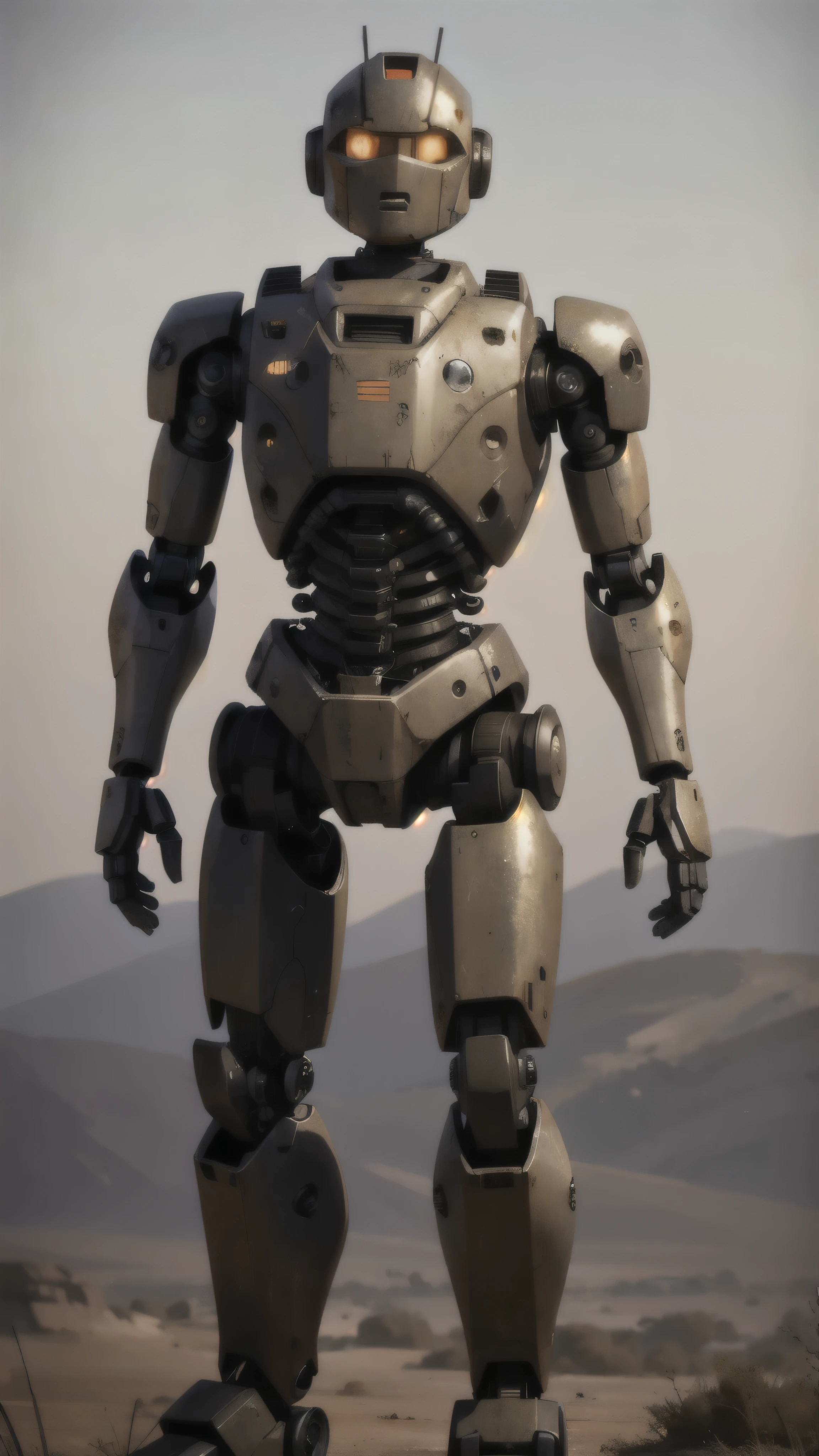 analog robot, old looking parts, rusty, rugged, early morning, barren field background, depth of field, vintage robot, simple robot
