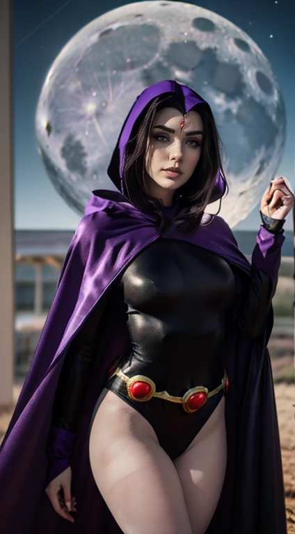 superhero lady with purple hair, black unitard, purple cape with hood, white skin, very thin waist, very wide hips, very large pale thighs, moon background