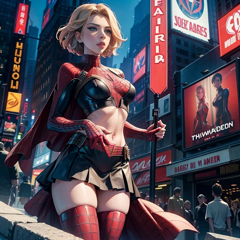 Scarlett Johansson、マーベル・コミック映画のPoster, Very beautiful, Movies about Spiderman, sexy, whole body, I'm wearing a skirt、Premiere date, Poster、belly buttonを突き出す、new york、She's wearing a torn Spider-Man suit,The suit is torn、Wearing a skirt、 Red and black color scheme,dynamic、masterpiece、highest quality、Ultra-detailed、Very detailed、A delicate and beautiful shine、超A high resolution、Cinematic,Break,Breakdrop,(Torn clothes:1.5), (Wet clothes:1.4), Bare shoulders,Real Rain,Wet Hair,belly button、Exposing Skin、sexyな肩を見せてる