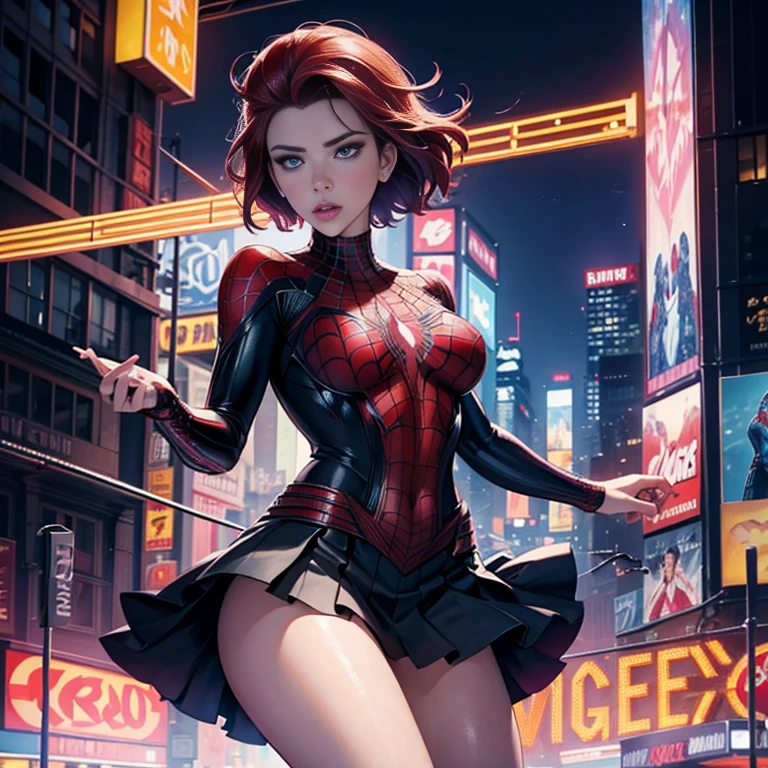 Scarlett Johansson、マーベル・コミック映画のPoster, Very beautiful, Movies about Spiderman, sexy, whole body, I'm wearing a skirt、Premiere date, Poster、belly buttonを突き出す、new york、She's wearing a torn Spider-Man suit,The suit is torn、Wearing a skirt、 Red and black color scheme,dynamic、masterpiece、highest quality、Ultra-detailed、Very detailed、A delicate and beautiful shine、超A high resolution、Cinematic,Break,Breakdrop,(Torn clothes:1.5), (Wet clothes:1.4), Bare shoulders,Real Rain,Wet Hair,belly button、Exposing Skin、sexyな肩を見せてる