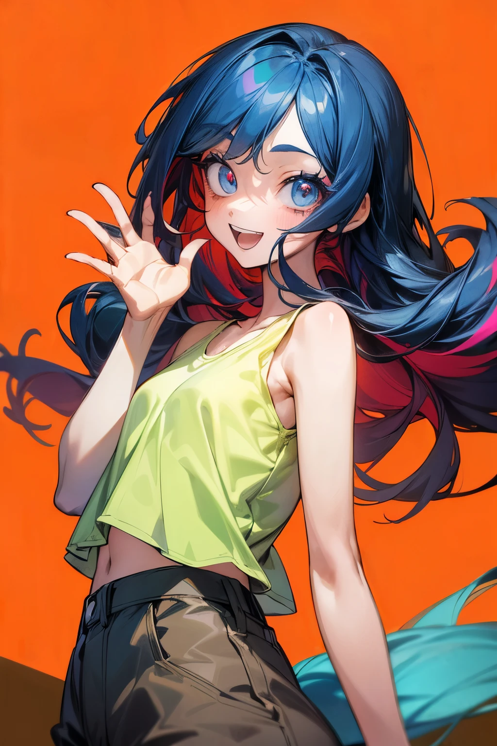 ((Masterpiece)), ((best quality)), (Anime:1.5), (RAW photo:1.2), (High Definition:1.3), (Professional Photography:1.3), (()), cute young Girl, Glossy unruly hair, long hair, big eyes, (long eyelashes), ((Thin eyebrows)), colorful eyes, round eyes, (cute smile), open mouth, jagged teeth, joy, (cute tanktop), barearms, cute, (simple concrete background), ((waving hand)), (colorful hair:1.3), gothic makeup,