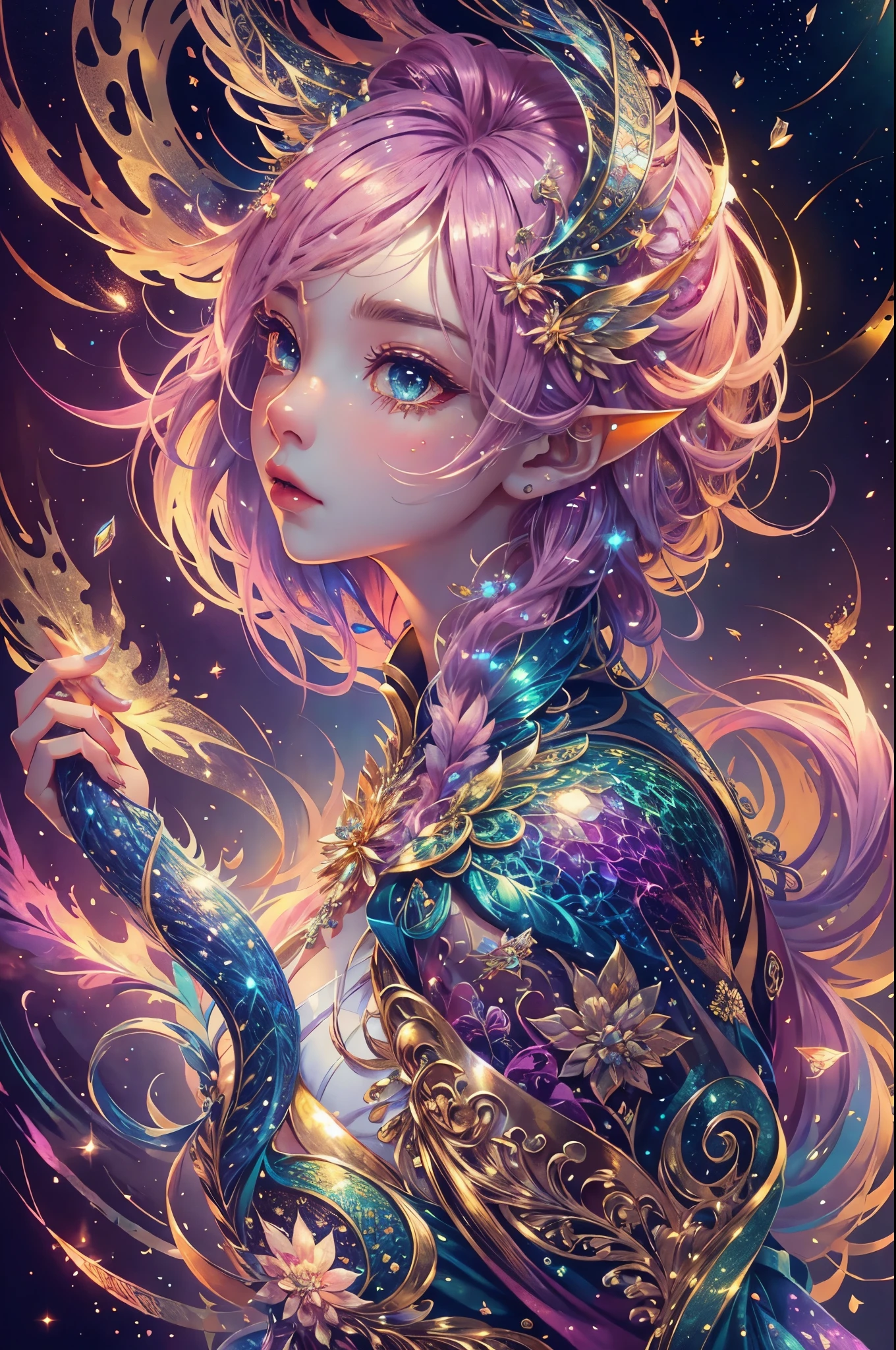 This is a highly detailed and semi-realistic fantasy art image with beautiful layers of shimmer, glimmering silks, and a glittering aesthetic. Create a beautiful and bold dragon woman. She should have intricate and elegant horns, detailed and multi-colored scales, and a striking face. Her eyes are highly detailed with natural shading and realistic details. Include small and ornate details like smaller dragons and bright feathers. Use soft pastel hues with unexpected pops of bright color. Use compelling composition techniques and fantasy lighting to create a cinematic and unforgettable atmosphere. (((masterpiece))), (((best quality))), ((ultra-detailed)), (highly detailed CG illustration)