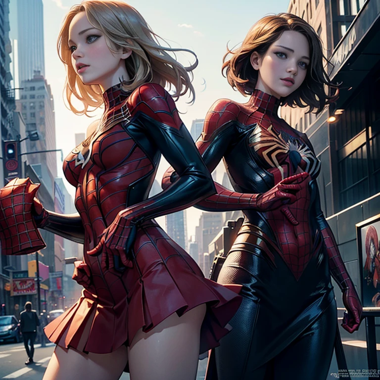 Jennifer Lawrence、マーベル・コミック映画のPoster, Very beautiful, Movies about Spiderman, sexy, whole body, I'm wearing a skirt、Premiere date, Poster、belly buttonを突き出す、new york、She&#39;s wearing a torn Spider-Man suit,The suit is torn、Wearing a skirt、 Red and black color scheme,dynamic、masterpiece、highest quality、Ultra-detailed、Very detailed、A delicate and beautiful shine、超A high resolution、Cinematic,Break,Breakdrop,(Torn clothes:1.5), (Wet clothes:1.4), Bare shoulders,Real Rain,Wet Hair,belly button、Exposing Skin、sexyな肩を見せてる