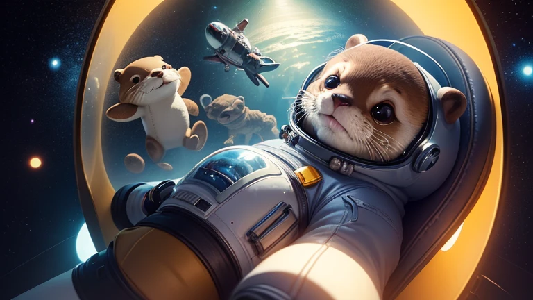there is a cartoon otter in a space suit with other otters, outter space, outerspace, outer space, in outer space, from outer space, dreaming of outer space, cute otter, octopus wearing a spacesuit, anthropomorphic otter in costume, anthropomorphic furry otter, liminal space in outer space, liminal space in outer space!!!