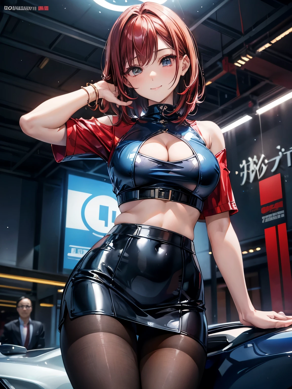 highest quality、Nice sexy body、One Woman、solo、(Beautiful busty woman:1.5)、Medium hair woman、((Woman with dark red hair))、Race Queen、Campaign girl、A woman wearing a blue patent leather short top、A woman wearing a top with a logo、A woman wearing a blue patent leather miniskirt、A woman wearing brown pantyhose、Standing woman、event venue、motor Show、smile、Sexy pose