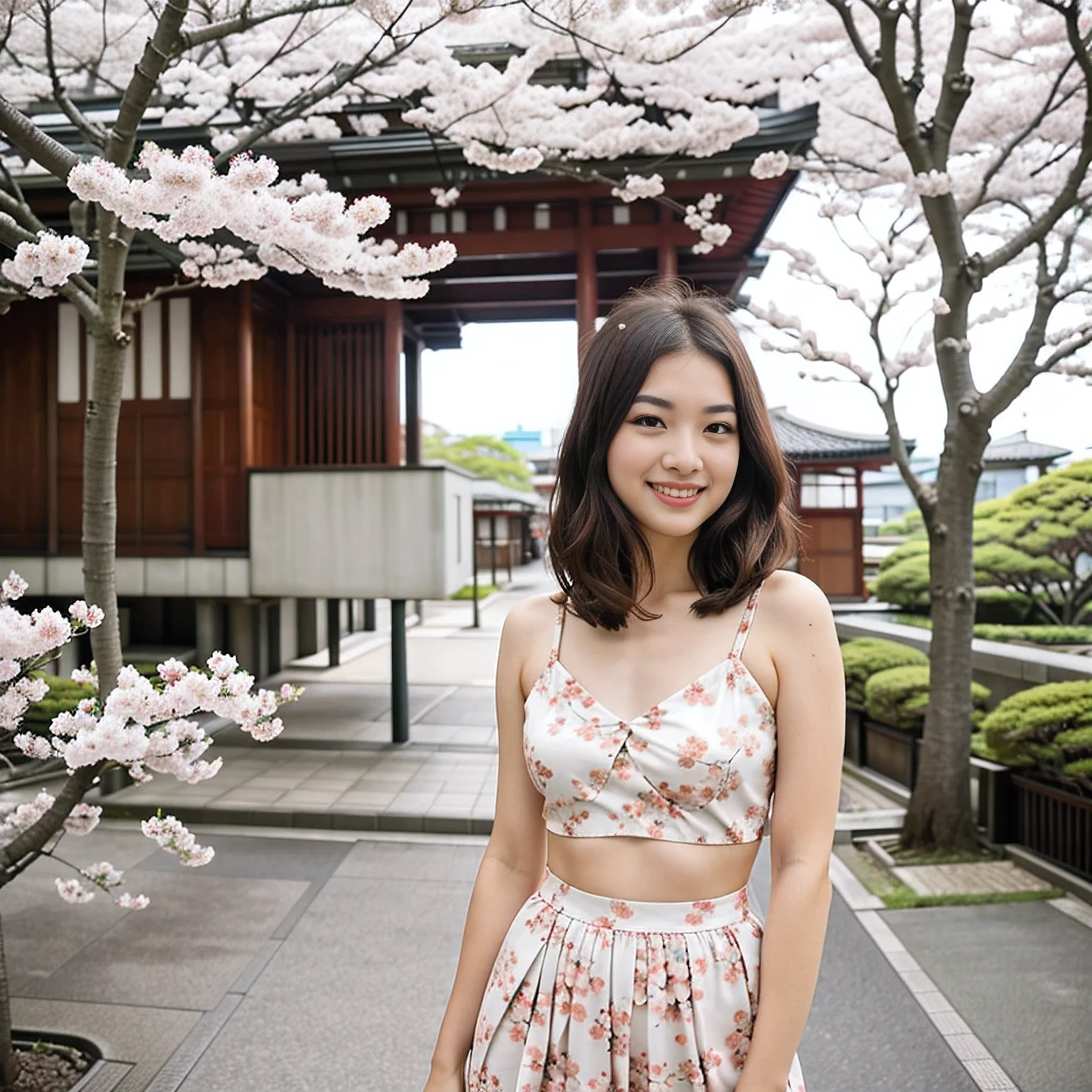 retro photography, 1960s , AGFA, Kodak, 1girl,  portrait, looking_at_viewer,  smile,  japan, tokyo, cherry blossom,  octane render,  solo, rtrophto1