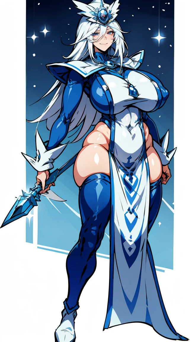 Silent magician, ropa apretada, poca piel visible, (( ruborizada, sonrisa)), pelo largo, cabello blanco, (( white hair)), curvy body, chubby girl, gigantic sagging breast , monstruo de duelo, Iparuputsua, magic world background, mundo medieval .