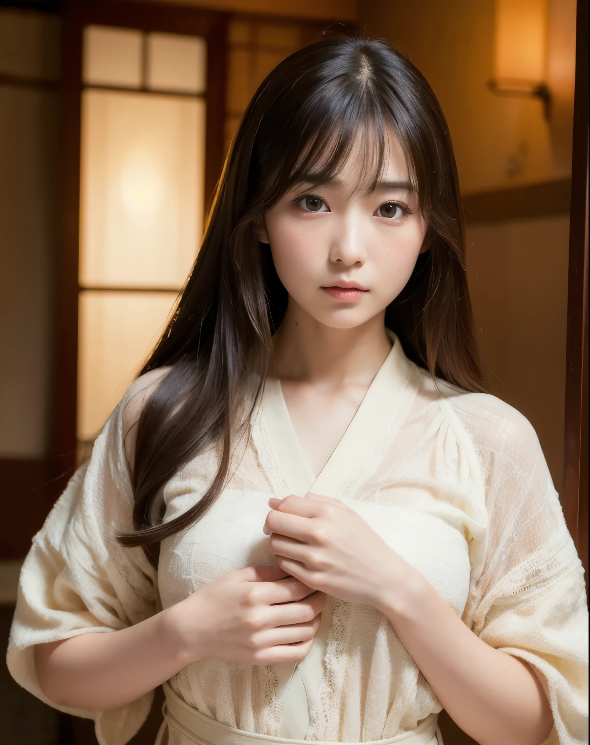 highest quality, Face Focus, Soft Light, Ultra-high resolution, (Realistic:1.4), RAW Photos,
1 Japanese girl, alone, cute, (pupil, Light in your eyes), Beautiful face in every detail, (Small box),(High resolution detail of human skin texture),
(Long Hair),
indoor,
Damask Shirt Dress,
(Portraiture)