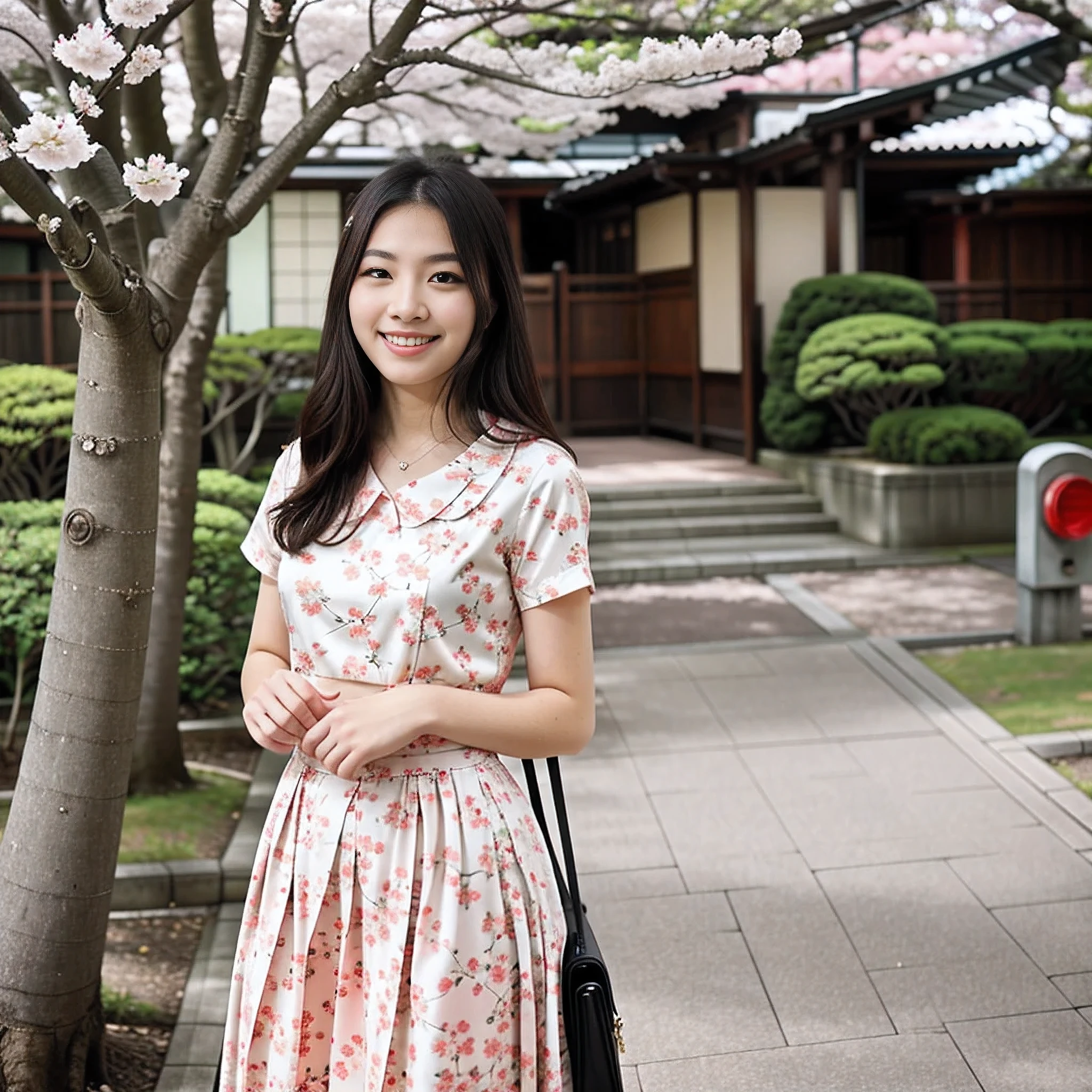 retro photography, 1960s , AGFA, Kodak, 1girl,  portrait, looking_at_viewer,  smile,  japan, tokyo, cherry blossom,  octane render,  solo, rtrophto1