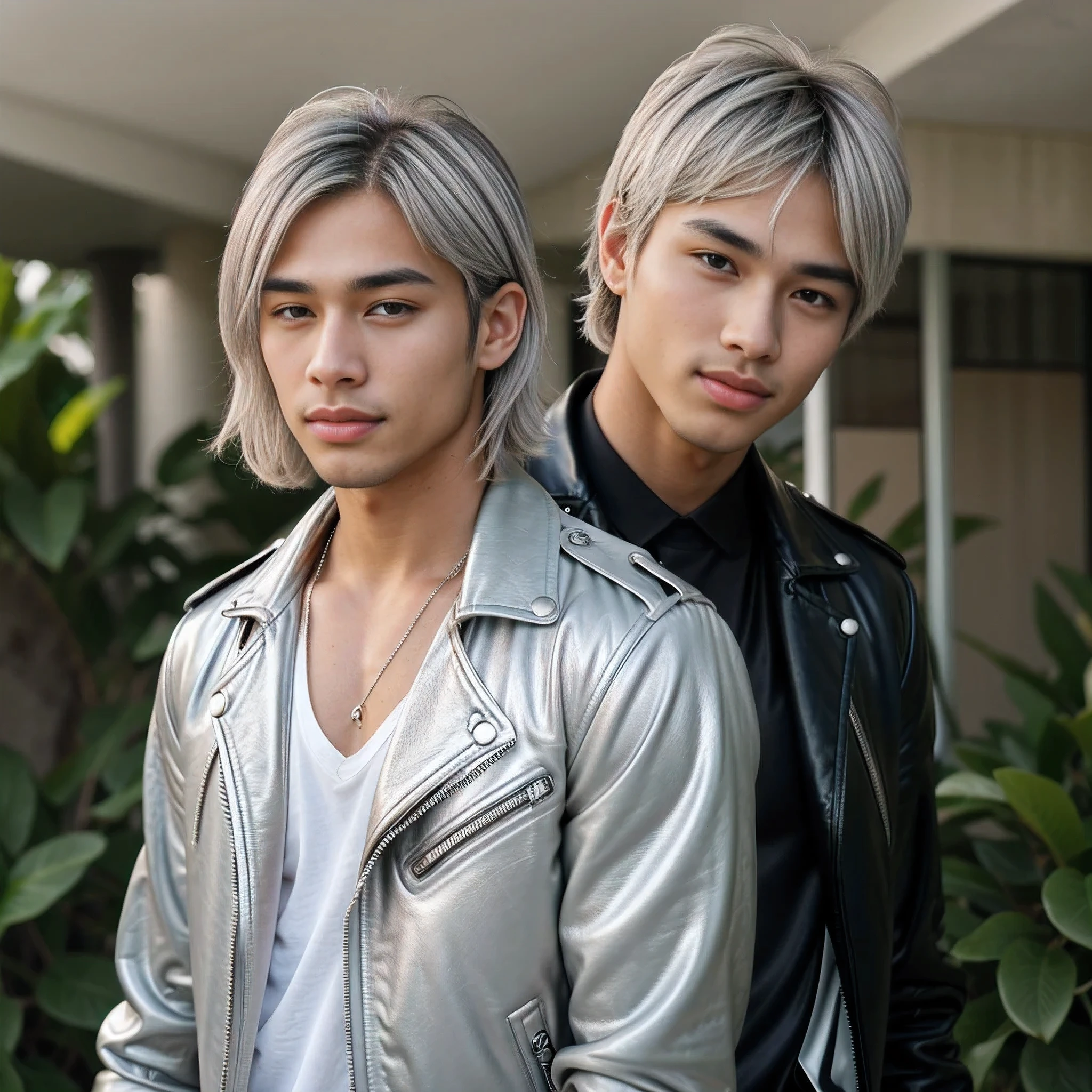 Handsome young man wearing a leather jacket, wearing a cap, with silver hair, holding ice cream, silver messy hair, handsome, (8k, RAW photo, photorealistic:1.25) ,( lipgloss, eyelashes, man, gloss-face, glossy skin, dark skin, dark snik, male, best quality, ultra highres, young man, depth of field, chromatic aberration, caustics, Broad lighting, natural shading,Kpop idol) looking at viewer with a serene and god-like happiness,