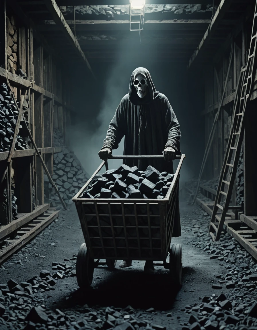 medium full shot shot, A ghostly figure pushing a cart of coal in an abandoned mine., (High Fantasy Art Magical mythical enchanted epic enigmatic spellbinding :1.3)