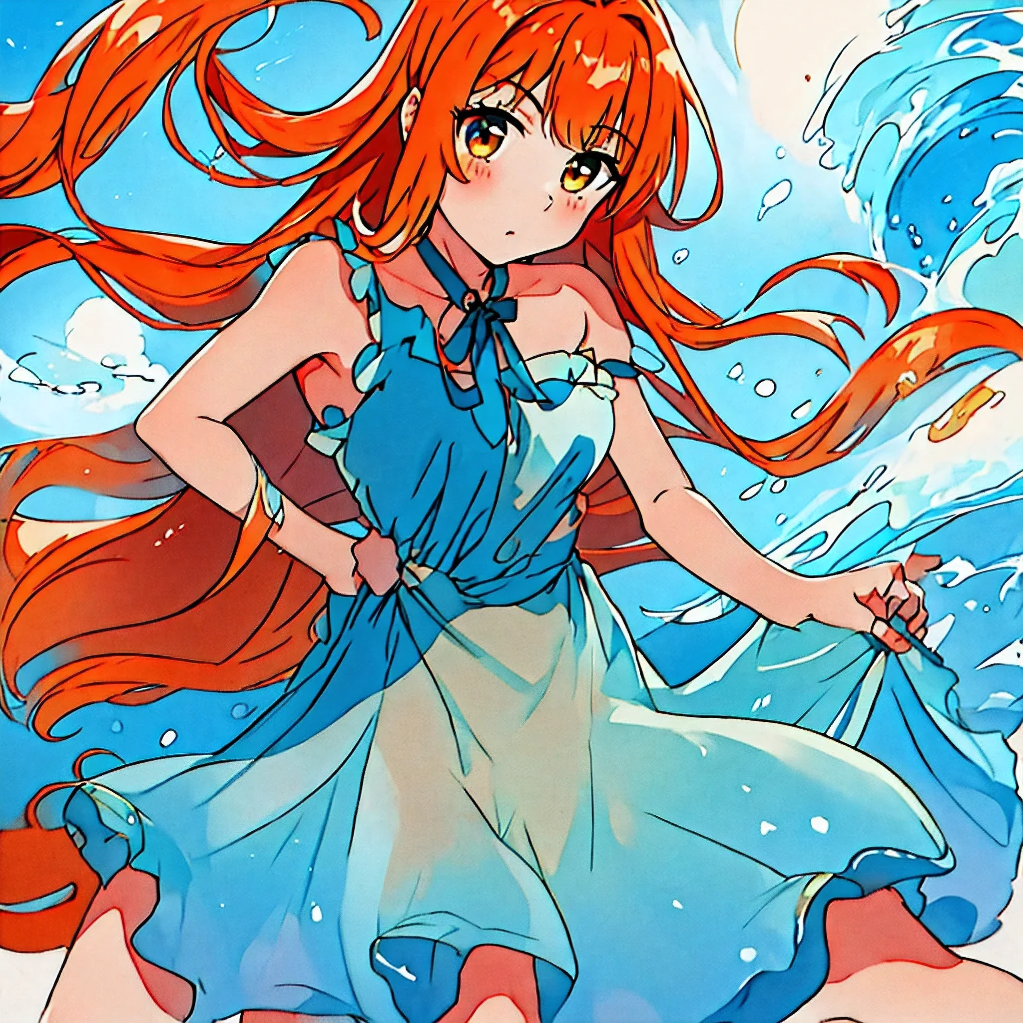 (masterpiece, best quality), ((1girl, solo, long hair)), Ishmael_limbus, innocence expression, bare arms, bare shoulders, bare neck, watercolor, sundress, liquid clothes, water, waves, water dress, blue_theme, night, mist, dark, sharp focus, sea, see-through dress, orange hair