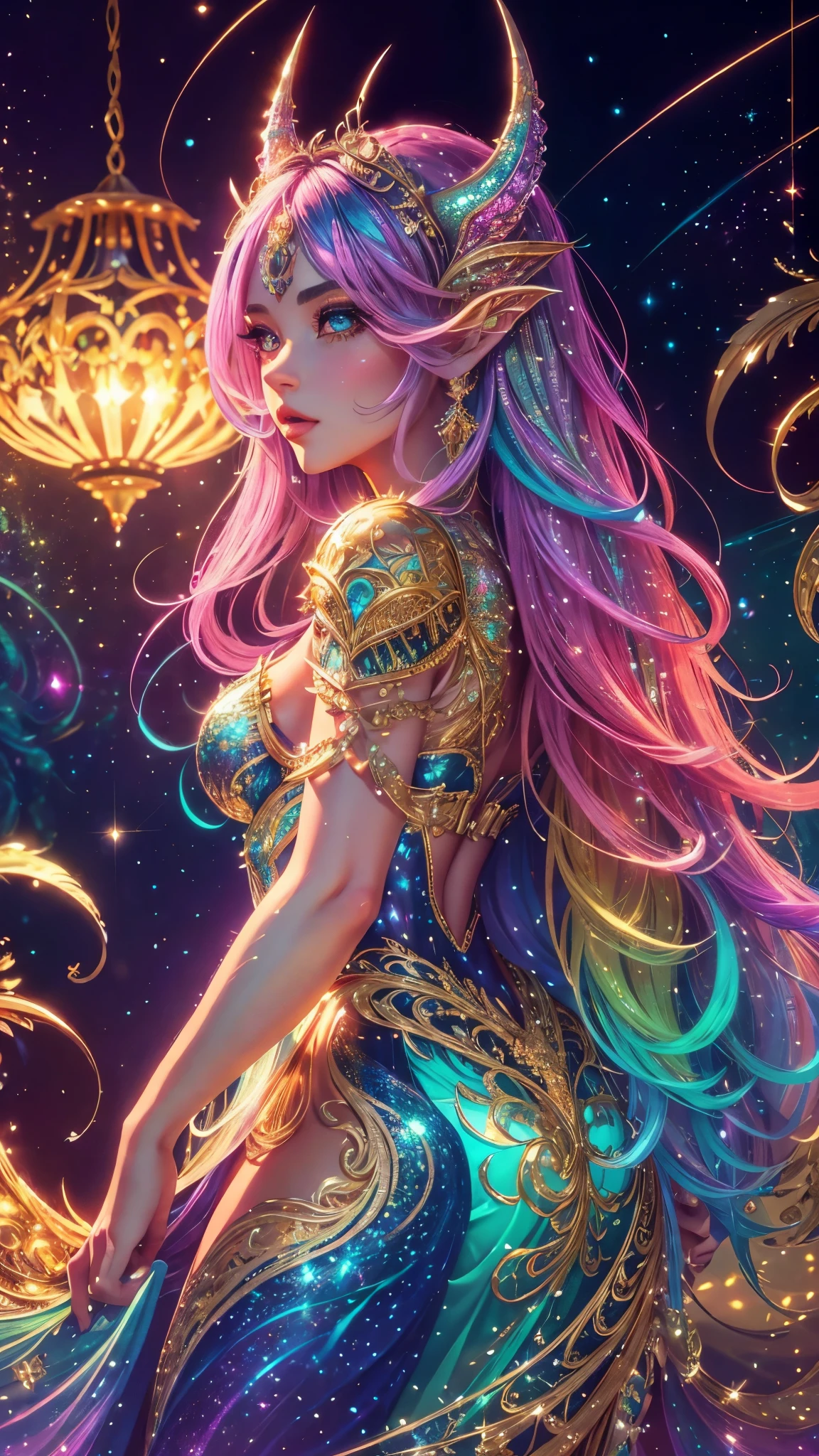 This is a highly detailed and semi-realistic fantasy art image with beautiful layers of shimmer, glimmering silks, and a glittering aesthetic. Create a beautiful and bold older dragon woman. She should have intricate and elegant horns, detailed and multi-colored scales, and a striking face. Her eyes are highly detailed with realistic shading and realistic details. Include soft pastels with unexpected pops of bright color. Use compelling composition techniques and fantasy lighting to create a cinematic and unforgettable atmosphere. (((masterpiece))), (((best quality))), ((ultra-detailed)), (highly detailed CG illustration)