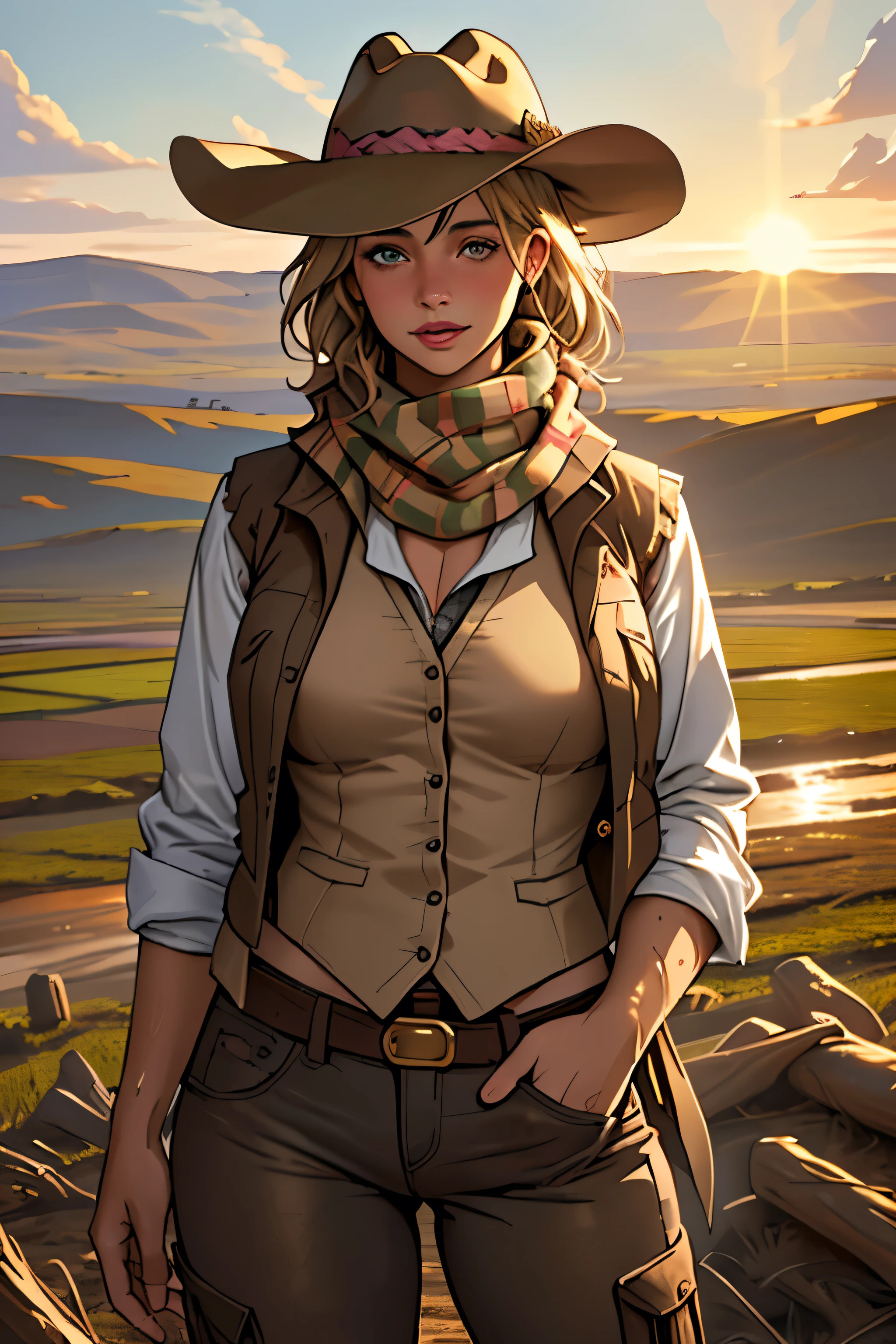 (highest quality, Super detailed, realistic:1.37), outdoor, girl, muddy, detailed and beautiful eyes, beautiful detailed lips, cowboy hat, vest with fringes, pants, scarf, With confidence, middle of chest, dusty farm landscape, golden hour lighting