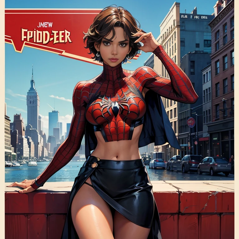 Halle Berry、マーベル・コミック映画のPoster, Very beautiful, Movies about Spiderman, sexy, whole body, I'm wearing a skirt、Premiere date, Poster、belly buttonを突き出す、new york、She's wearing a torn Spider-Man suit,The suit is torn、Wearing a skirt、 Red and black color scheme,dynamic、masterpiece、highest quality、Ultra-detailed、Very detailed、A delicate and beautiful shine、超A high resolution、Cinematic,Break,Breakdrop,(Torn clothes:1.5), (Wet clothes:1.4), Bare shoulders,Real Rain,Wet Hair,belly button、Exposing Skin、sexyな肩を見せてる