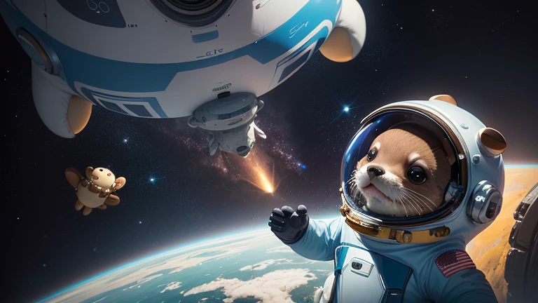 there is a cartoon otter in a space suit with other otters, outter space, outerspace, outer space, in outer space, from outer space, dreaming of outer space, cute otter, octopus wearing a spacesuit, anthropomorphic otter in costume, anthropomorphic furry otter, liminal space in outer space, liminal space in outer space!!!