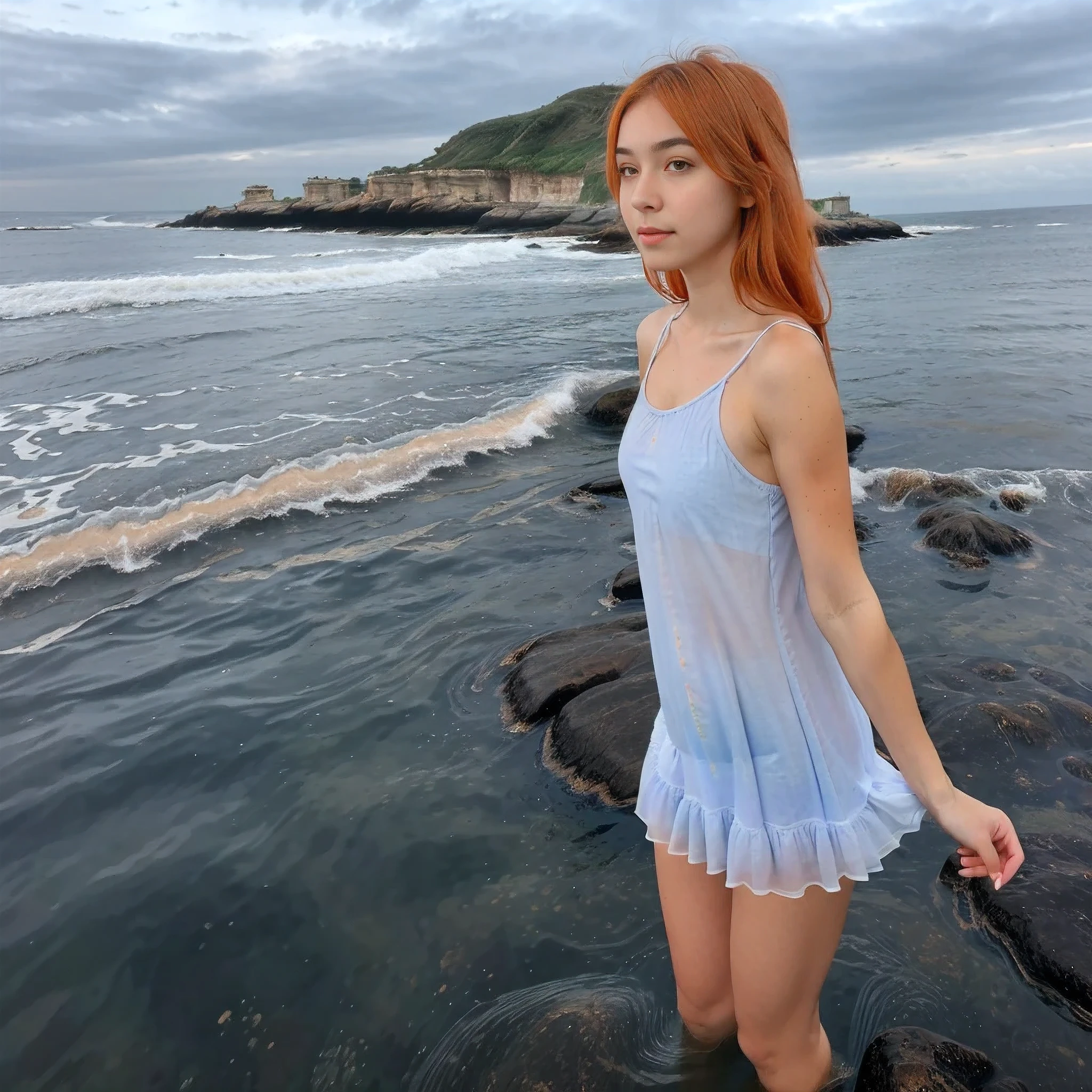 (masterpiece, best quality), ((1girl, solo, long hair)), Ishmael_limbus, innocence expression, bare arms, bare shoulders, bare neck, watercolor, sundress, liquid clothes, water, waves, water dress, blue_theme, night, mist, dark, sharp focus, sea, see-through dress, orange hair