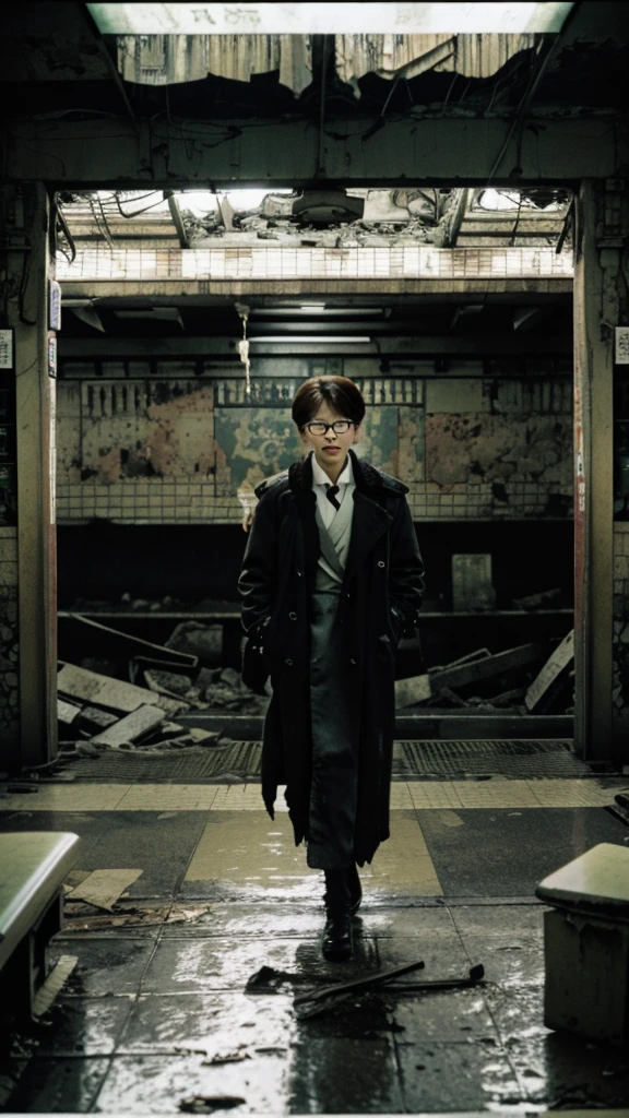 subway,Showa,Collapse,Devastation,Inside the ruins,Glasses,Women,adventure,Black and White,