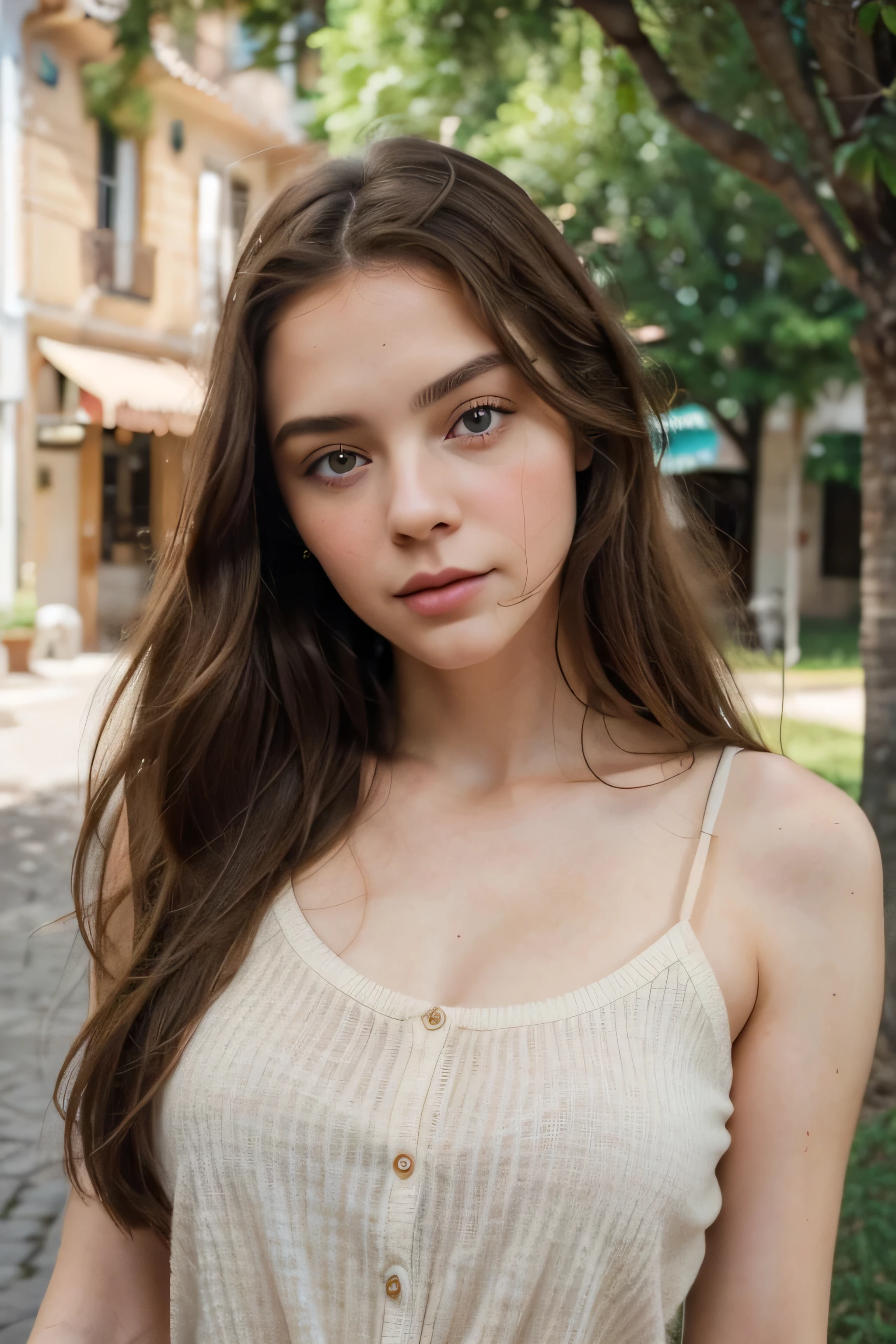 European girl with brown hair, blue eyes, pelo largo, blusa beige en estilo vintage, cara bonita, pale face, cabello bellamente peinado, labios delgados, mejillas sonrosadas, autofoto, hojas verdes en el fondo