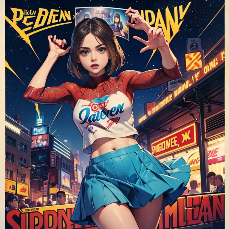 Jenna Louise Coleman、マーベル・コミック映画のPoster, Very beautiful, Movies about Spiderman, sexy, whole body, I'm wearing a skirt、Premiere date, Poster、belly buttonを突き出す、new york、She&#39;s wearing a torn Spider-Man suit,The suit is torn、Wearing a skirt、 Red and black color scheme,dynamic、masterpiece、highest quality、Ultra-detailed、Very detailed、A delicate and beautiful shine、超A high resolution、Cinematic,Break,Breakdrop,(Torn clothes:1.5), (Wet clothes:1.4), Bare shoulders,Real Rain,Wet Hair,belly button、Exposing Skin、sexyな肩を見せてる