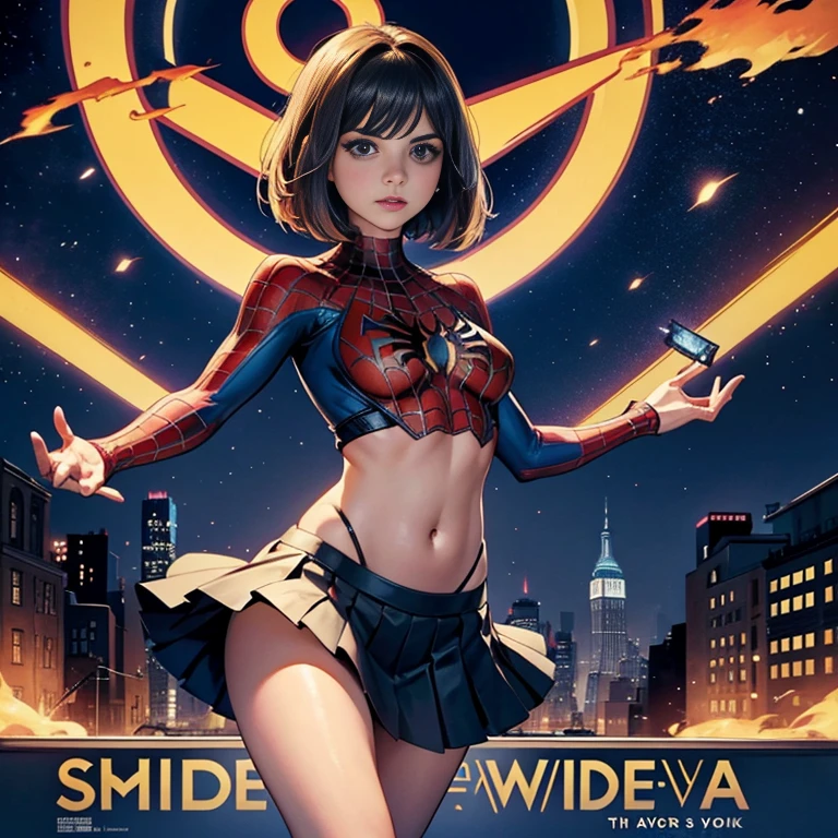 Jenna Louise Coleman、マーベル・コミック映画のPoster, Very beautiful, Movies about Spiderman, sexy, whole body, I'm wearing a skirt、Premiere date, Poster、belly buttonを突き出す、new york、She&#39;s wearing a torn Spider-Man suit,The suit is torn、Wearing a skirt、 Red and black color scheme,dynamic、masterpiece、highest quality、Ultra-detailed、Very detailed、A delicate and beautiful shine、超A high resolution、Cinematic,Break,Breakdrop,(Torn clothes:1.5), (Wet clothes:1.4), Bare shoulders,Real Rain,Wet Hair,belly button、Exposing Skin、sexyな肩を見せてる