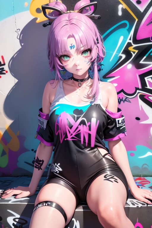 1girl, solo, casual outfit, choker, (graffiti:1.5), paint splatter, against wall, looking at viewer, armband, thigh strap, head tilt, bored, multicolored hair, aqua eyes, headset, sitting posing for a photo, side view, (Highly detailed), (high resolution), (Best quality), (masterpiece)