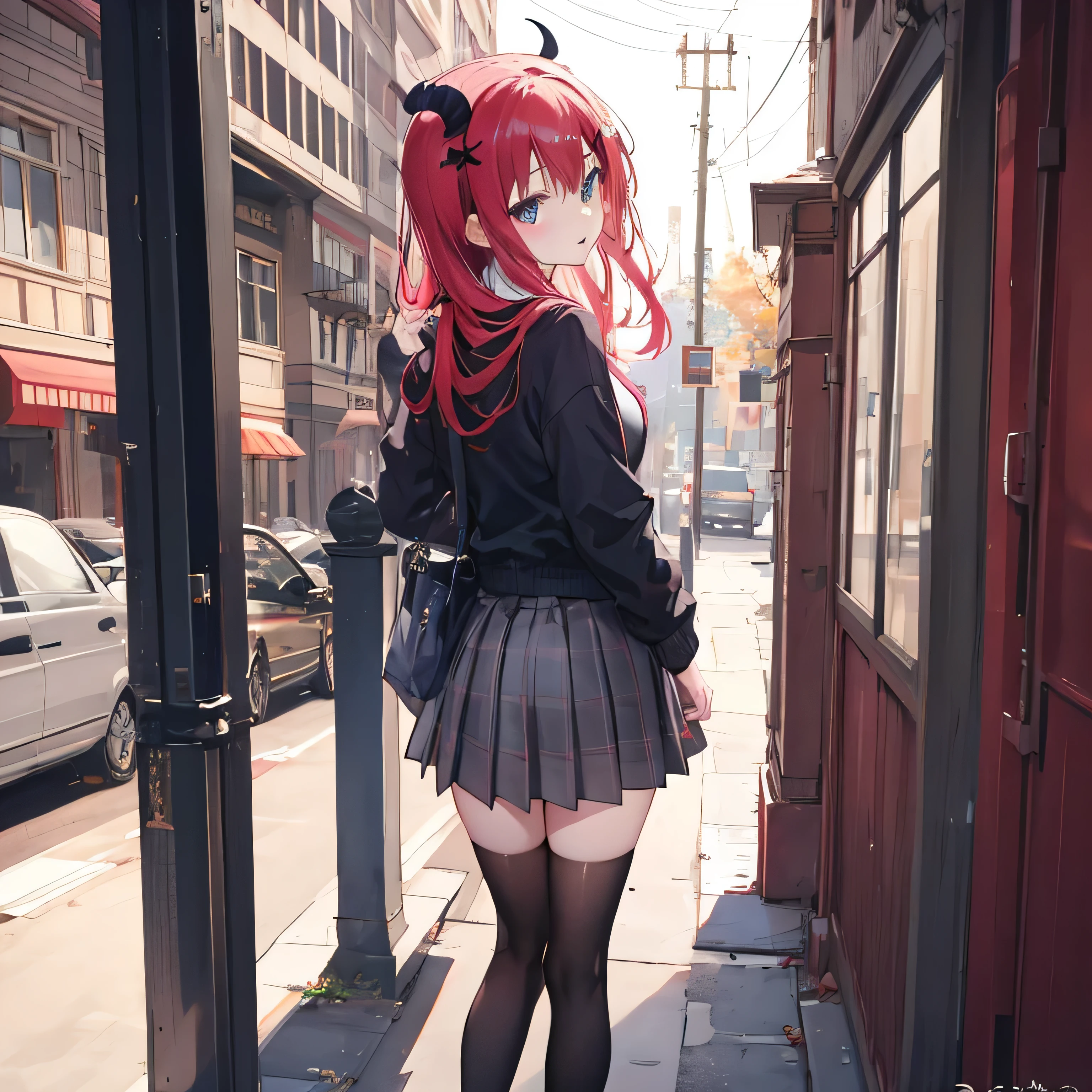 posing from behind satanichia mcdowell casual attire long dark stockings and skirt