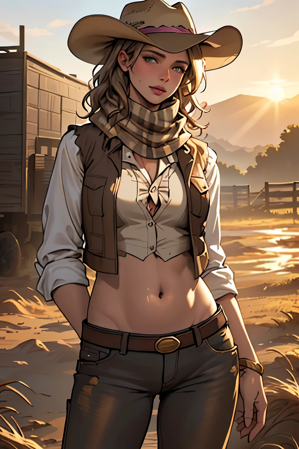 (highest quality, Super detailed, realistic:1.37), outdoor, girl, muddy, detailed and beautiful eyes, beautiful detailed lips, cowboy hat, vest with fringes, slim waist, show belly, pants, scarf, With confidence, middle of chest, dusty farm landscape, golden hour lighting