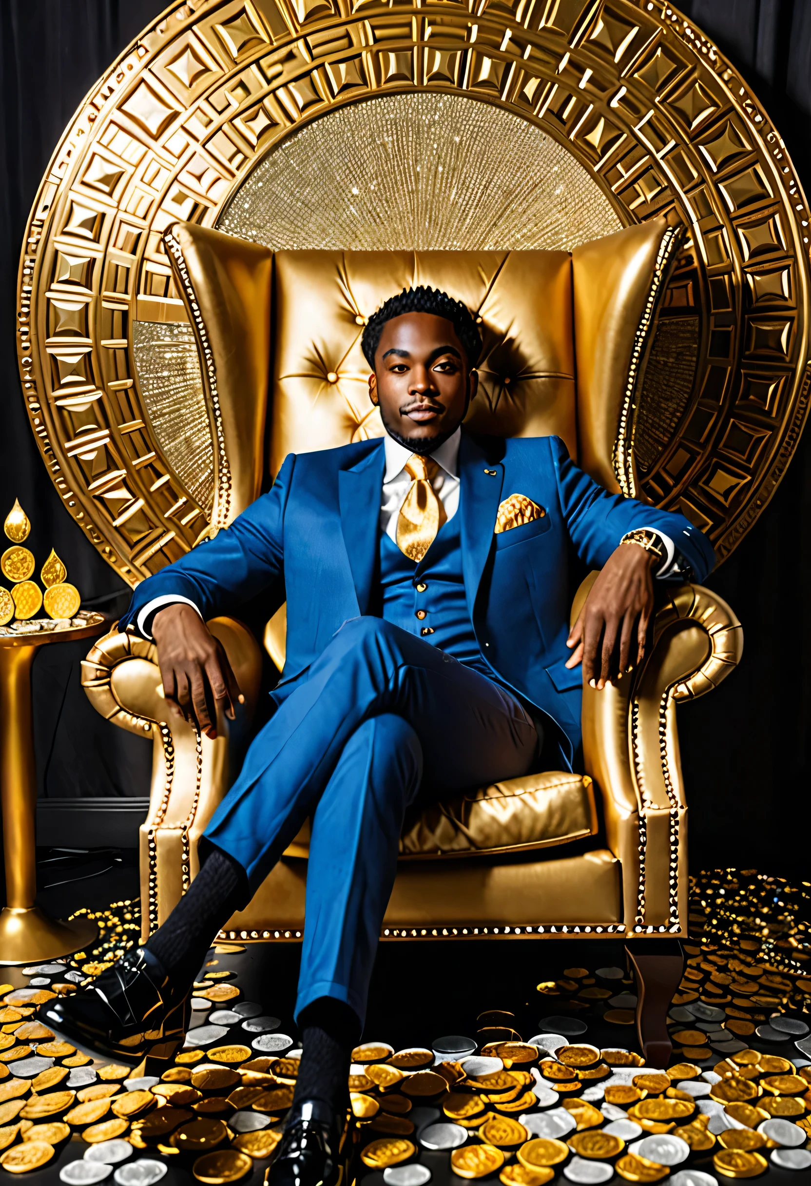 A 30-year old African American man lounging back in a luxury armchair, nicknamed "Mister Drizzle," surrounded by symbols of wealth like gold coins and five-star symbols