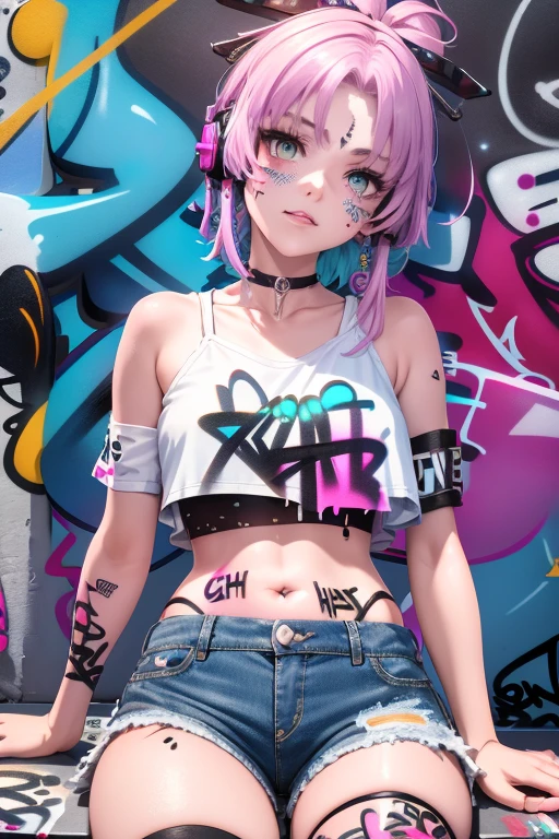 1girl, solo, crop top, denim shorts, choker, (graffiti:1.5), paint splatter, against wall, looking at viewer, armband, thigh strap, head tilt, bored, multicolored hair, aqua eyes, headset, sitting posing for a photo, side view, (Highly detailed), (high resolution), (Best quality), (masterpiece)