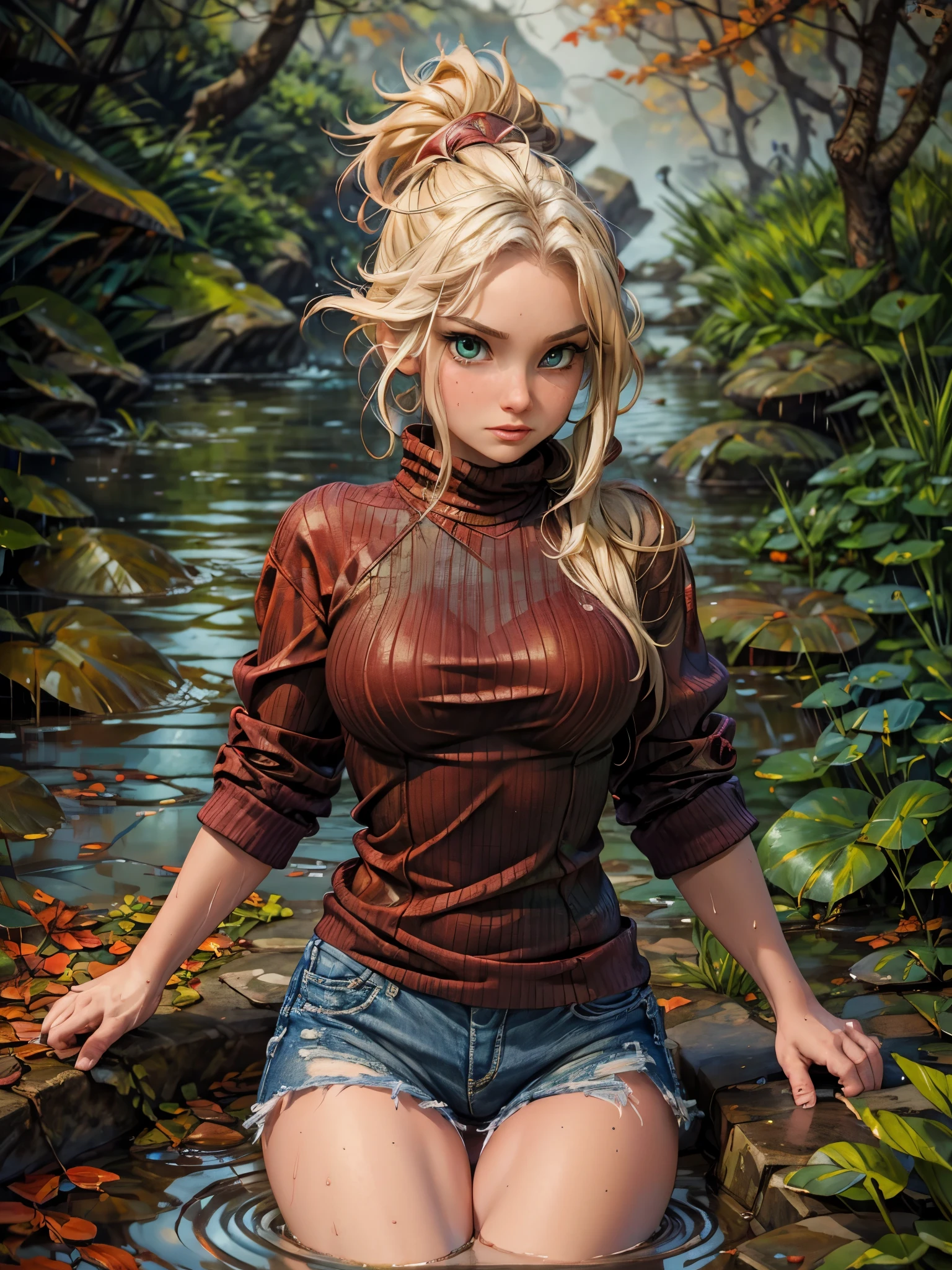 masterpiece, best quality, autumn outfit, colorful hair, outdoor,upper body, colorful autumnal clothes, ((fully clothed)), warm clothes, wet clothes, soaked, drenched, excited, wet hair, wet and slimy, water up to her chest, submerged, fantasy environment, fantasy chinese environment ,fantastical, vivid colors, varied poses, detailed green eyes, beautiful Asian girl, liz.ashley