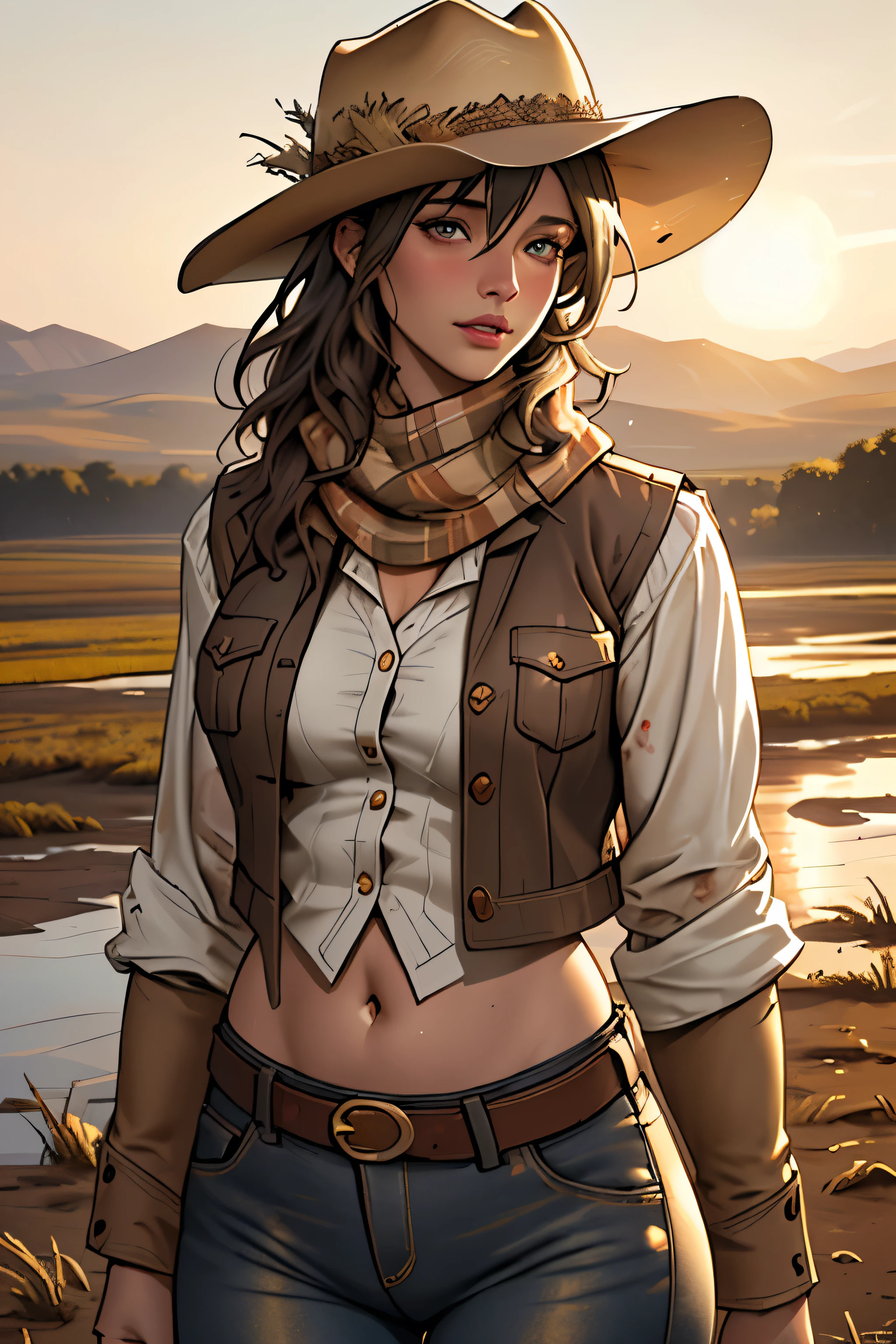 (highest quality, Super detailed, realistic:1.37), outdoor, slim girl, beautiful face, detailed and beautiful eyes, beautiful detailed lips, cowboy hat, vest, slim waist, slender thighs, thigh gap, show belly, pants, scarf, With confidence, medium chest, dusty farm landscape, golden hour lighting