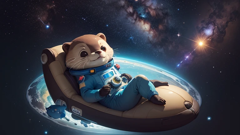 there is a cartoon otter in a space suit with other otters, outter space, outerspace, outer space, in outer space, from outer space, dreaming of outer space, cute otter, anthropomorphic otter in costume, anthropomorphic furry otter, liminal space in outer space, liminal space in outer space, galaxies and stars in the background